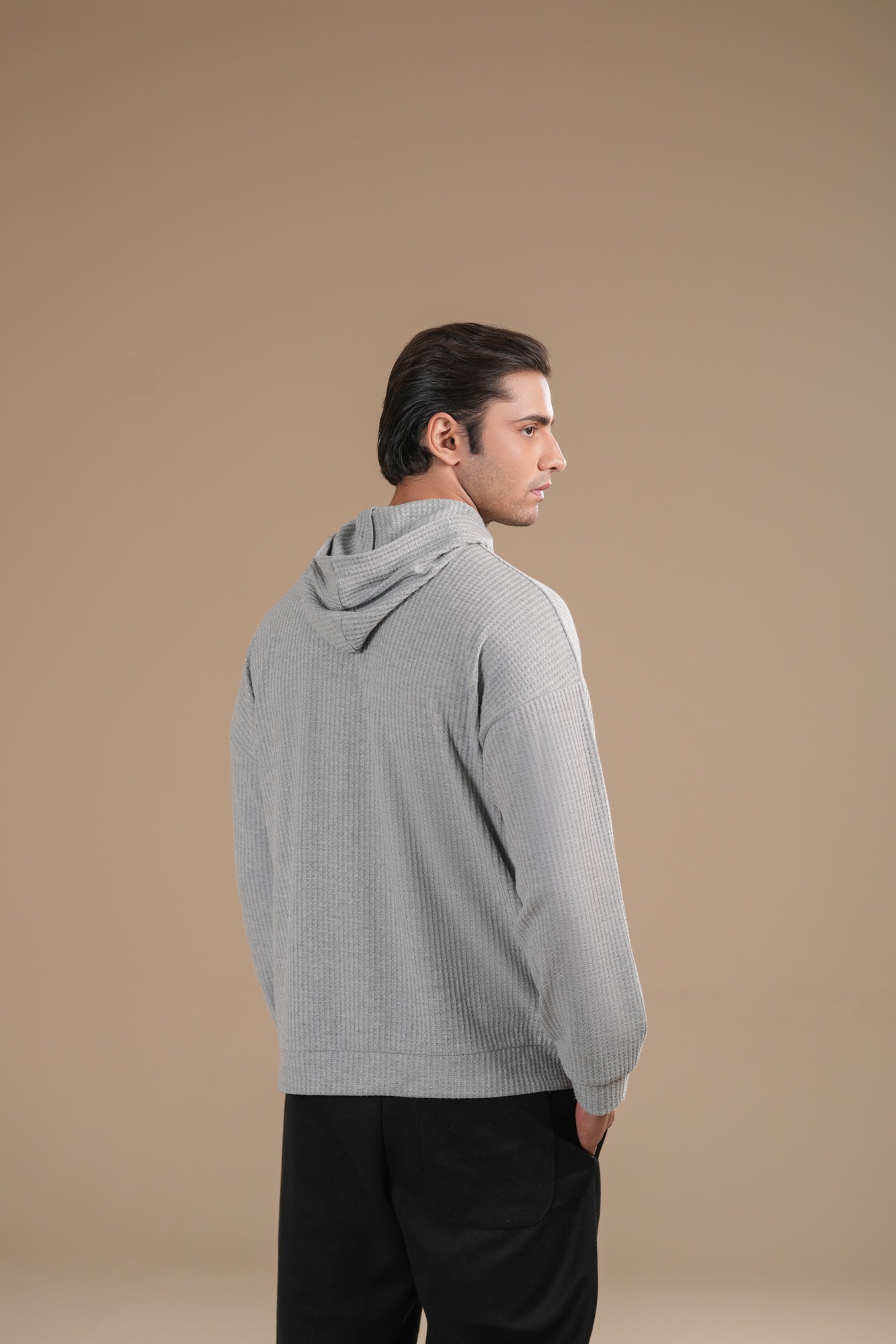 Grey Waffle Pullover Hoodie - Relaxed Fit - Men