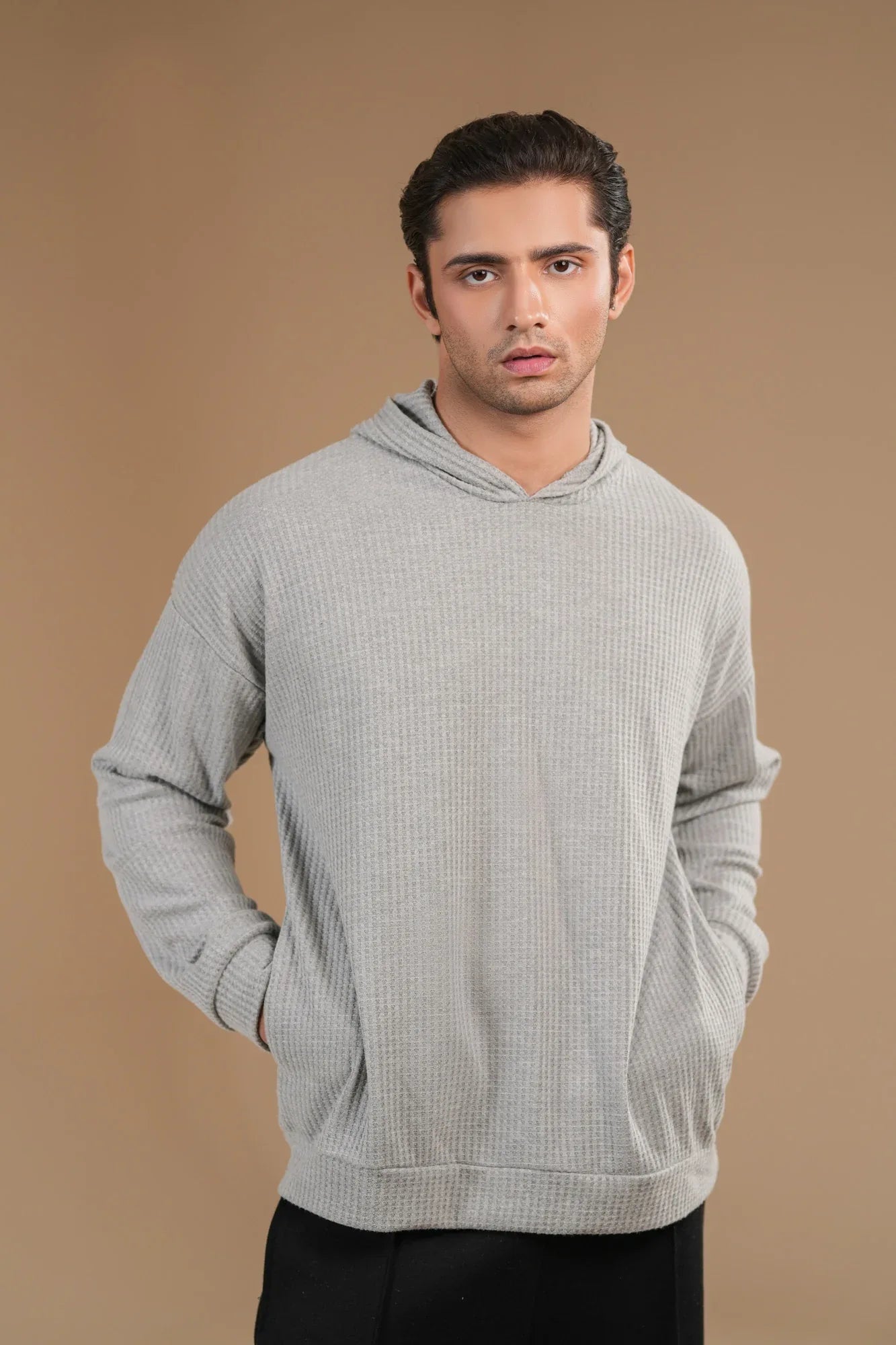 Grey Waffle Pullover Hoodie - Relaxed Fit - Men - Muraqsh -- Men Western