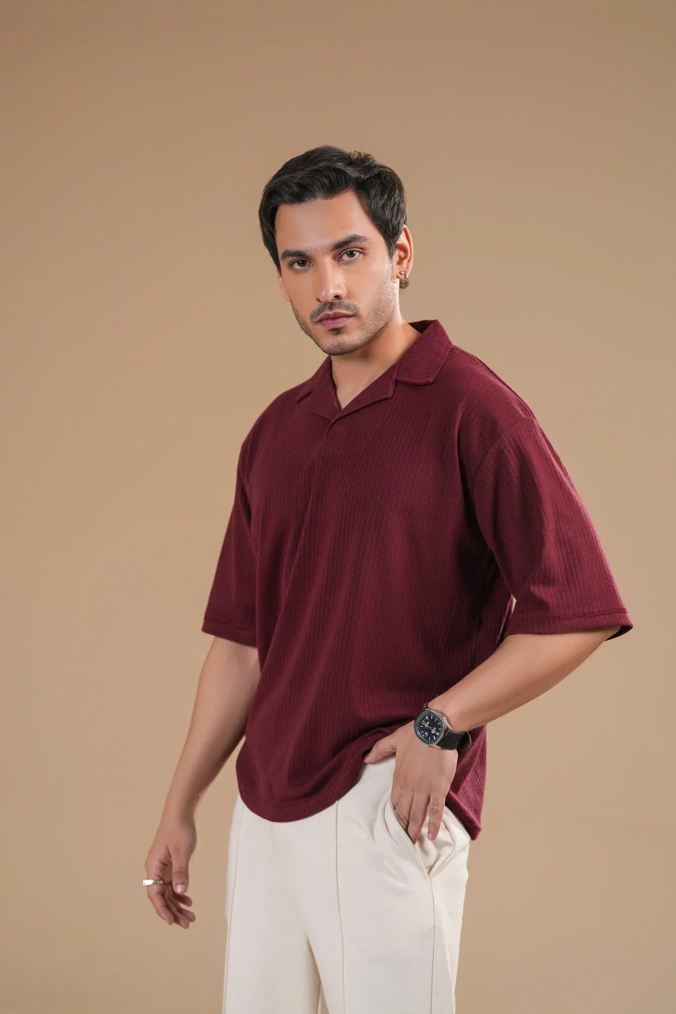 Maroon Ribbed Boxy Revere Polo - Men - Muraqsh -- Men Western