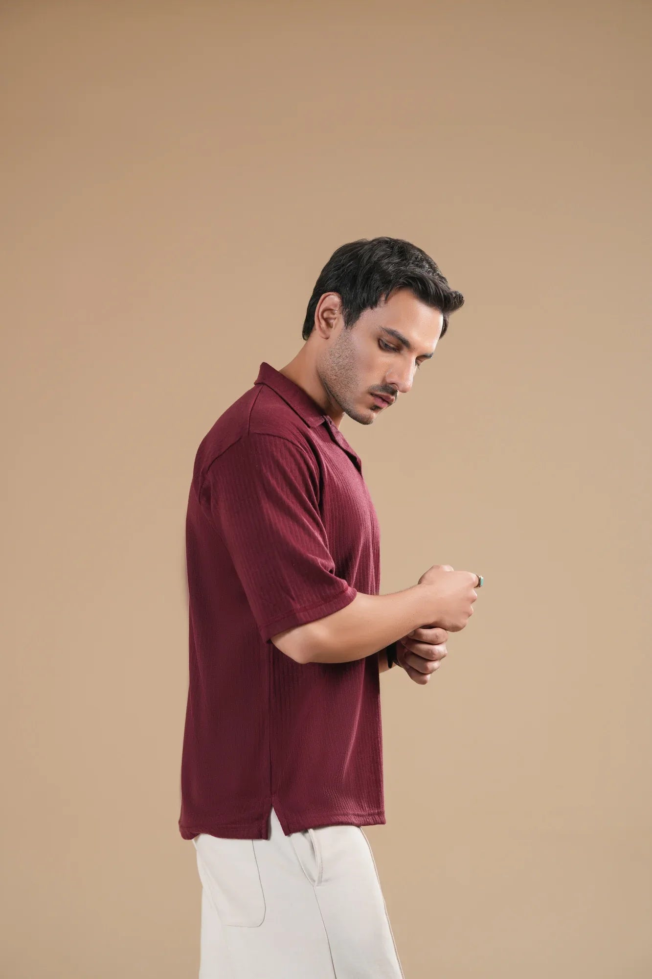 Maroon Ribbed Boxy Revere Polo - Men - Muraqsh -- Men Western