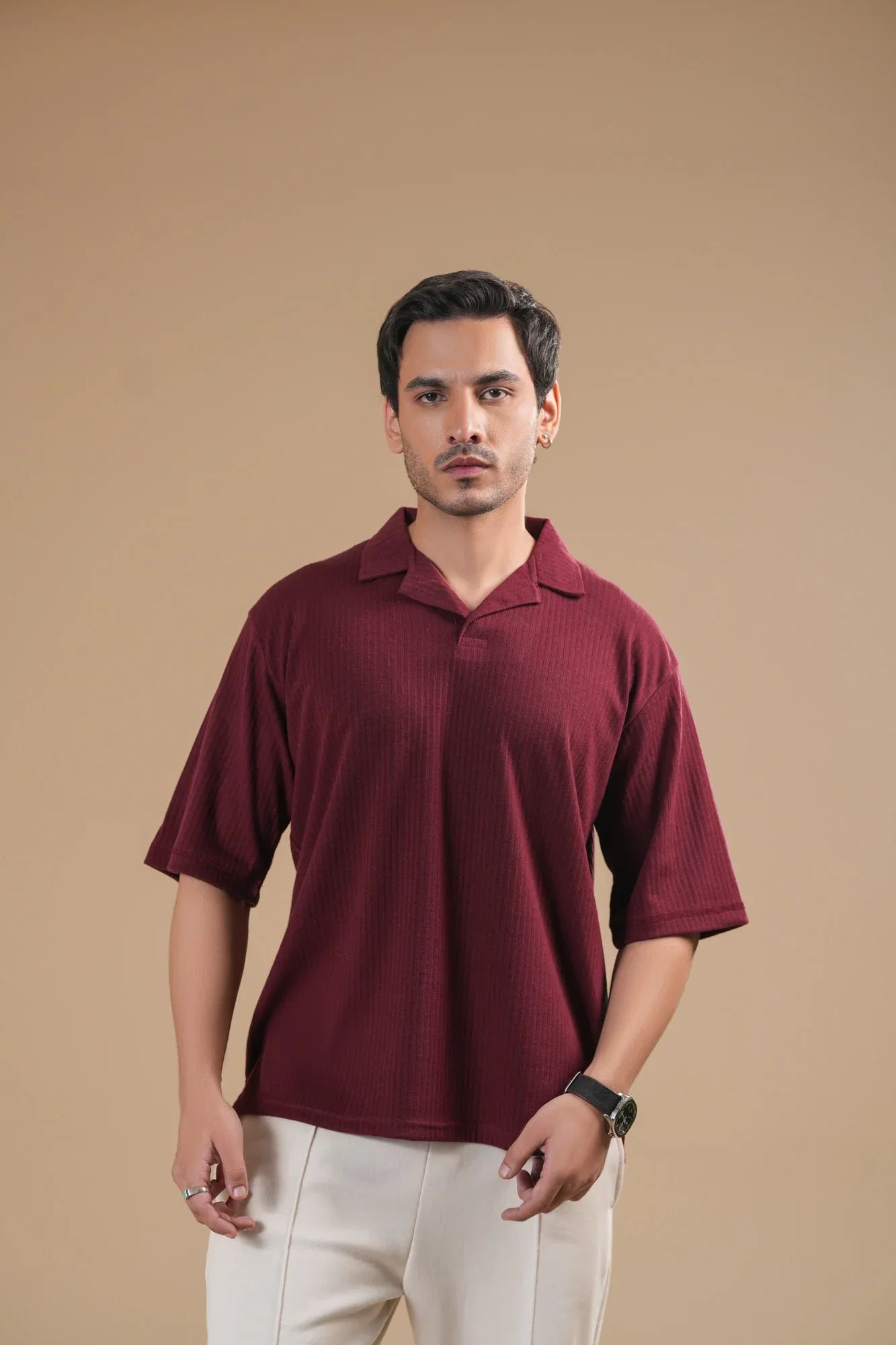 Maroon Ribbed Boxy Revere Polo - Men - Muraqsh -- Men Western