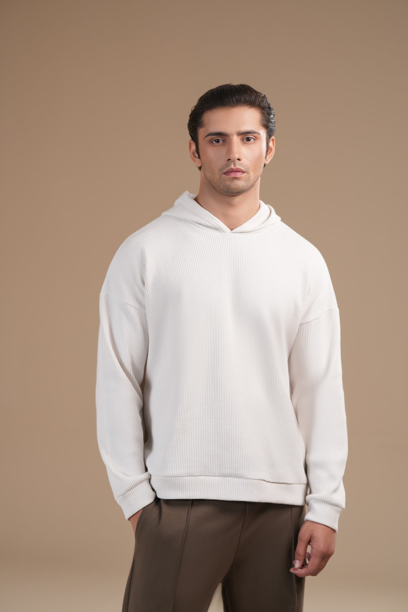 Off White Waffle Pullover Hoodie - Relaxed Fit - Men