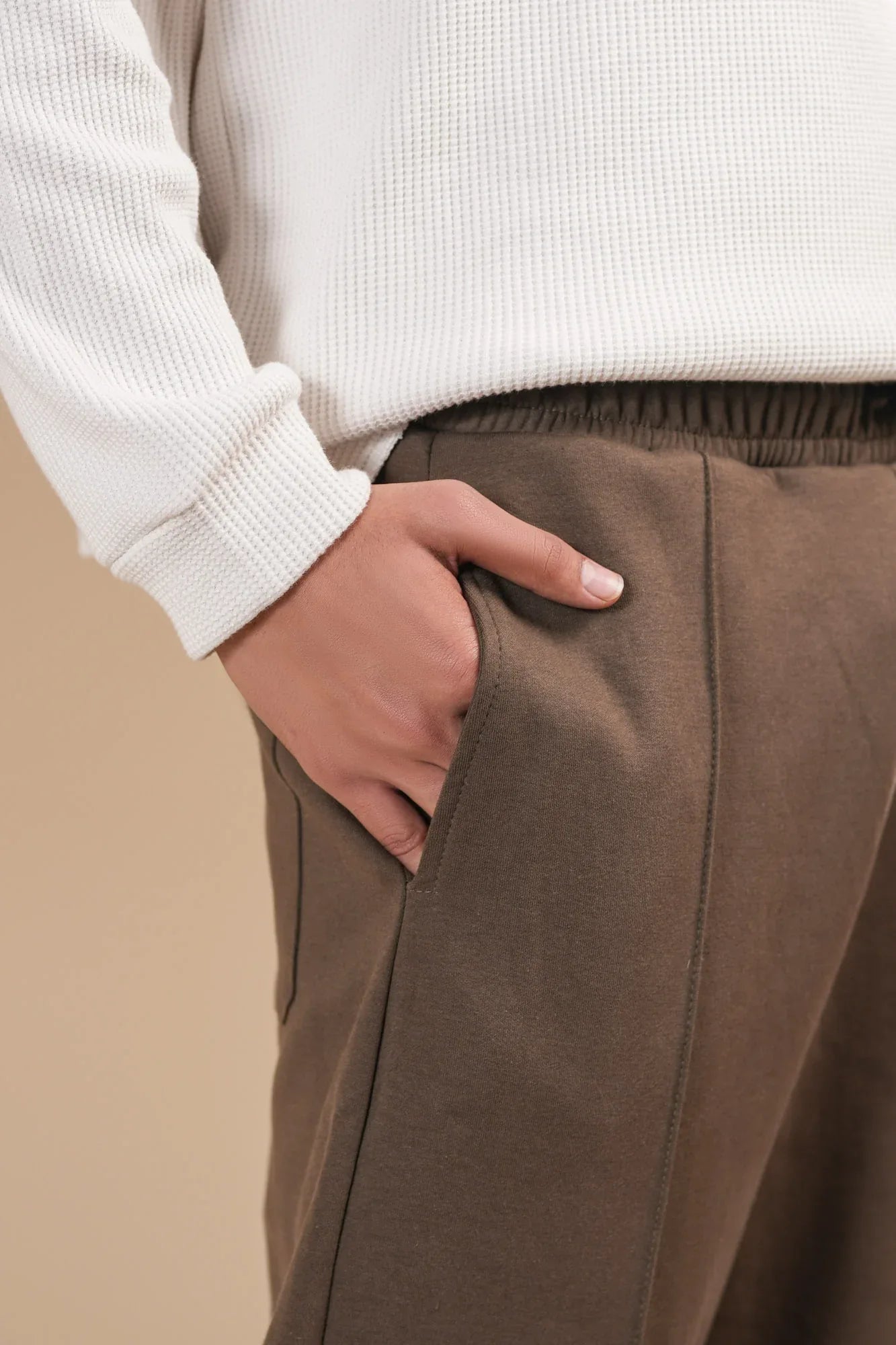 Brown Interlock Straight Fit Trouser with Drawstring - Men - Muraqsh -- Men Western