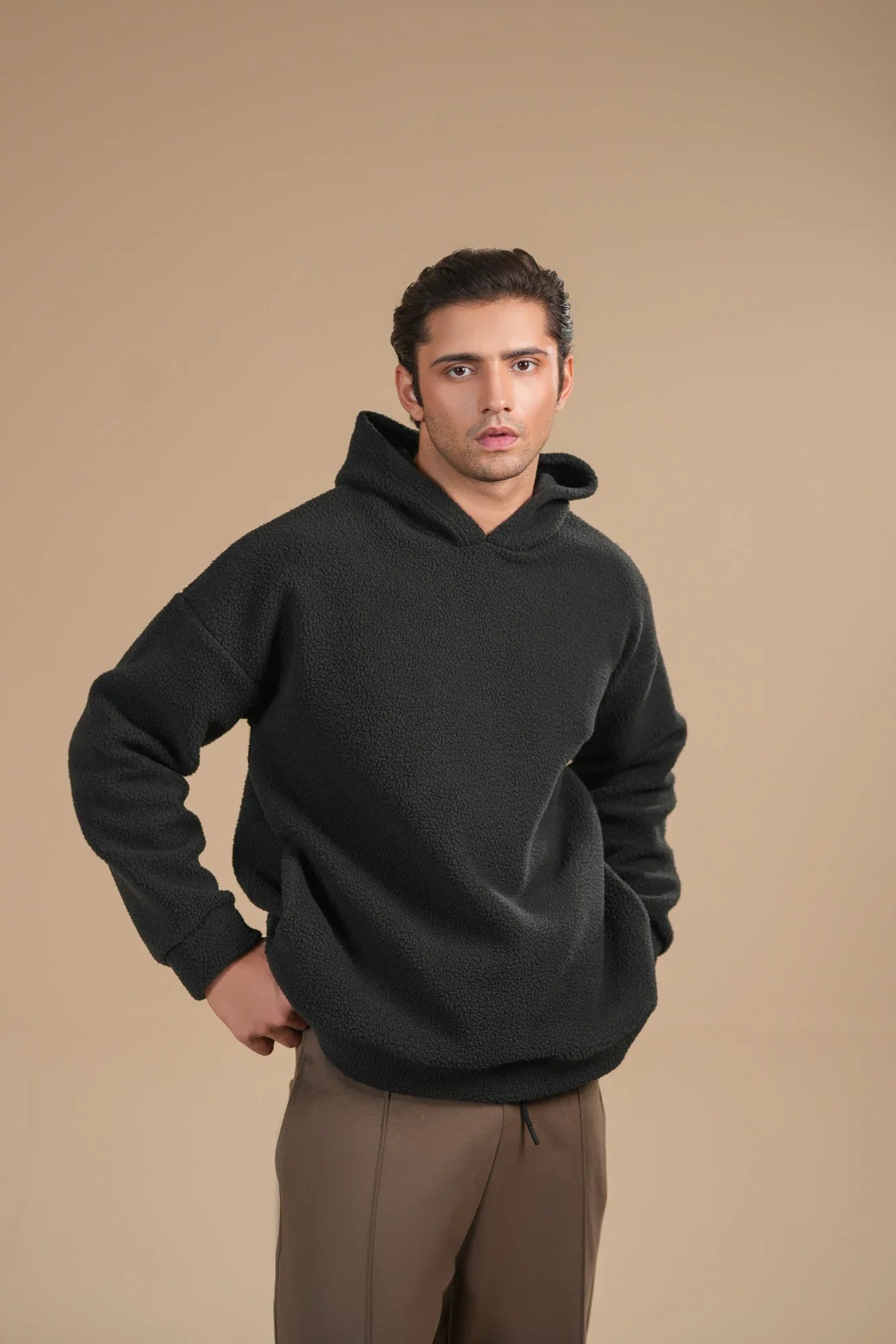 Black Sherpa Hoodie - Relaxed Fit - Men - Muraqsh -- Men Western