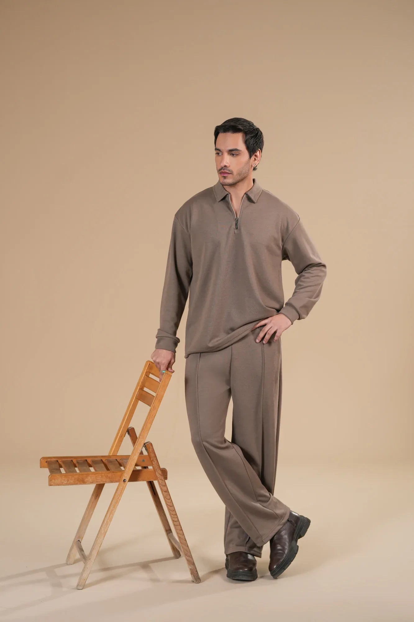 French Beige Interlock Coord Set - 2PC - Men - Muraqsh -- Men Western