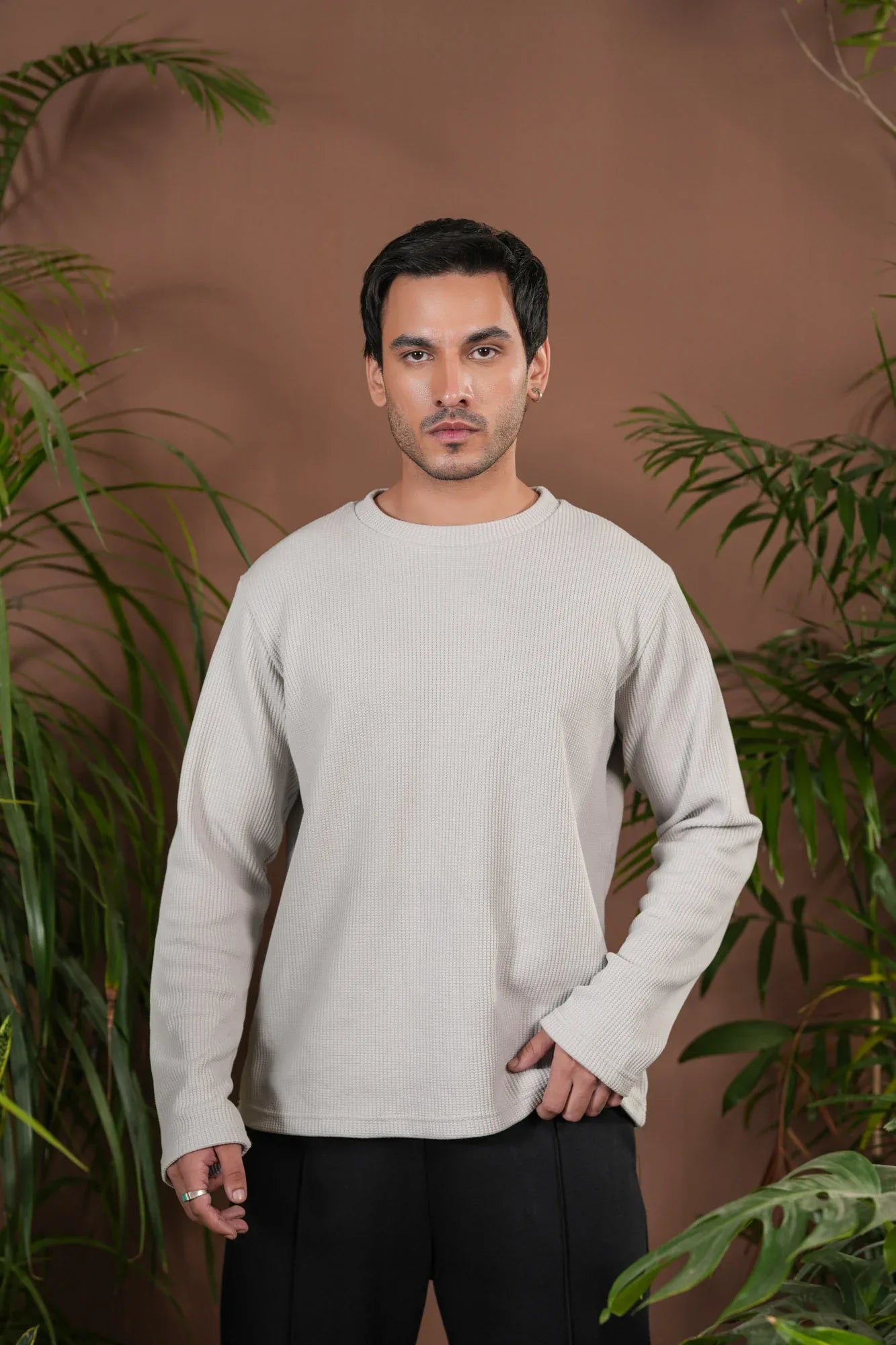 White Waffle Knit Sweat Shirt - Relaxed Fit - Men - Muraqsh -- Men Western