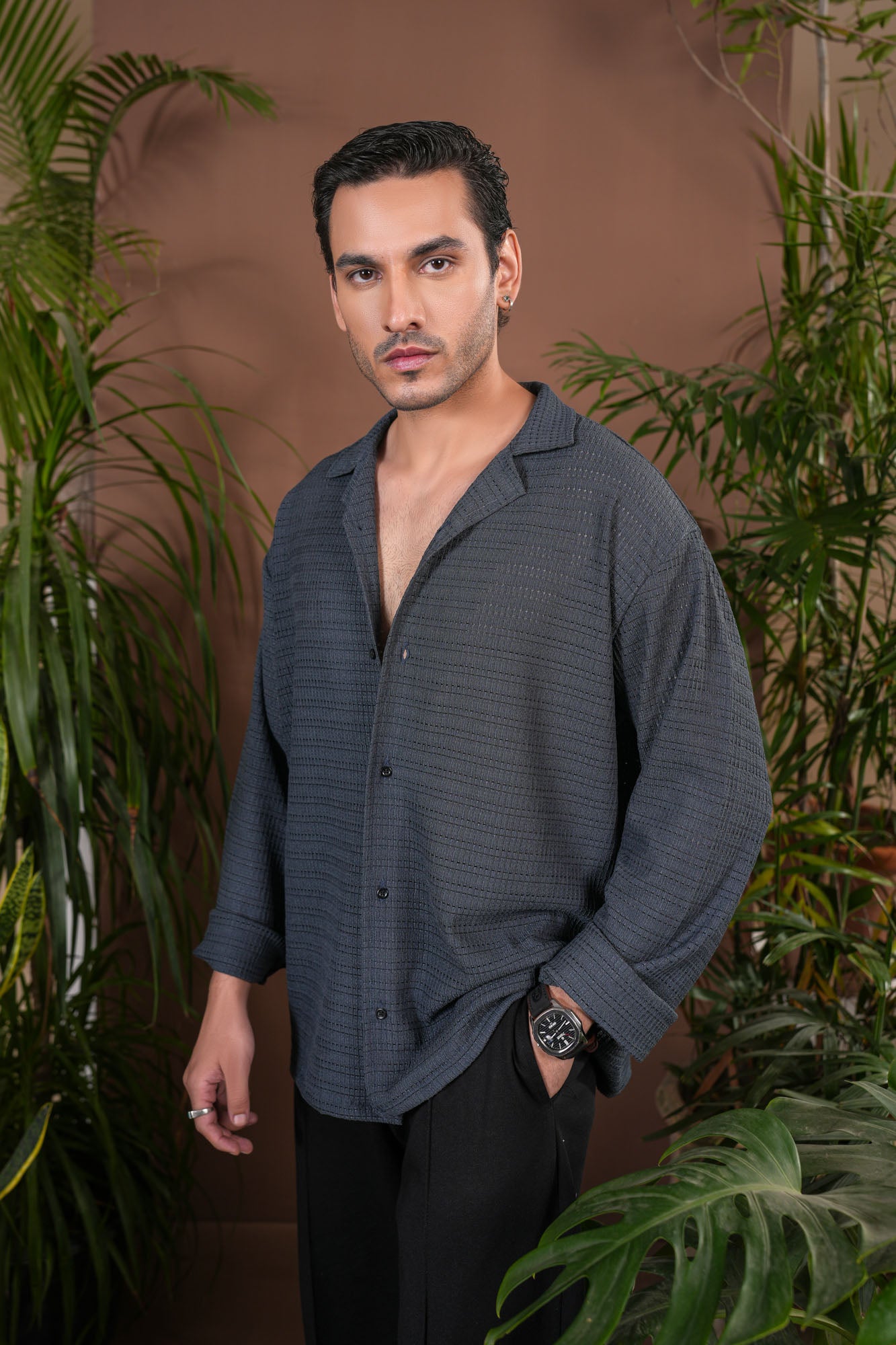 Bluish Grey Jacquard Knit Revere Button Shirt - Men