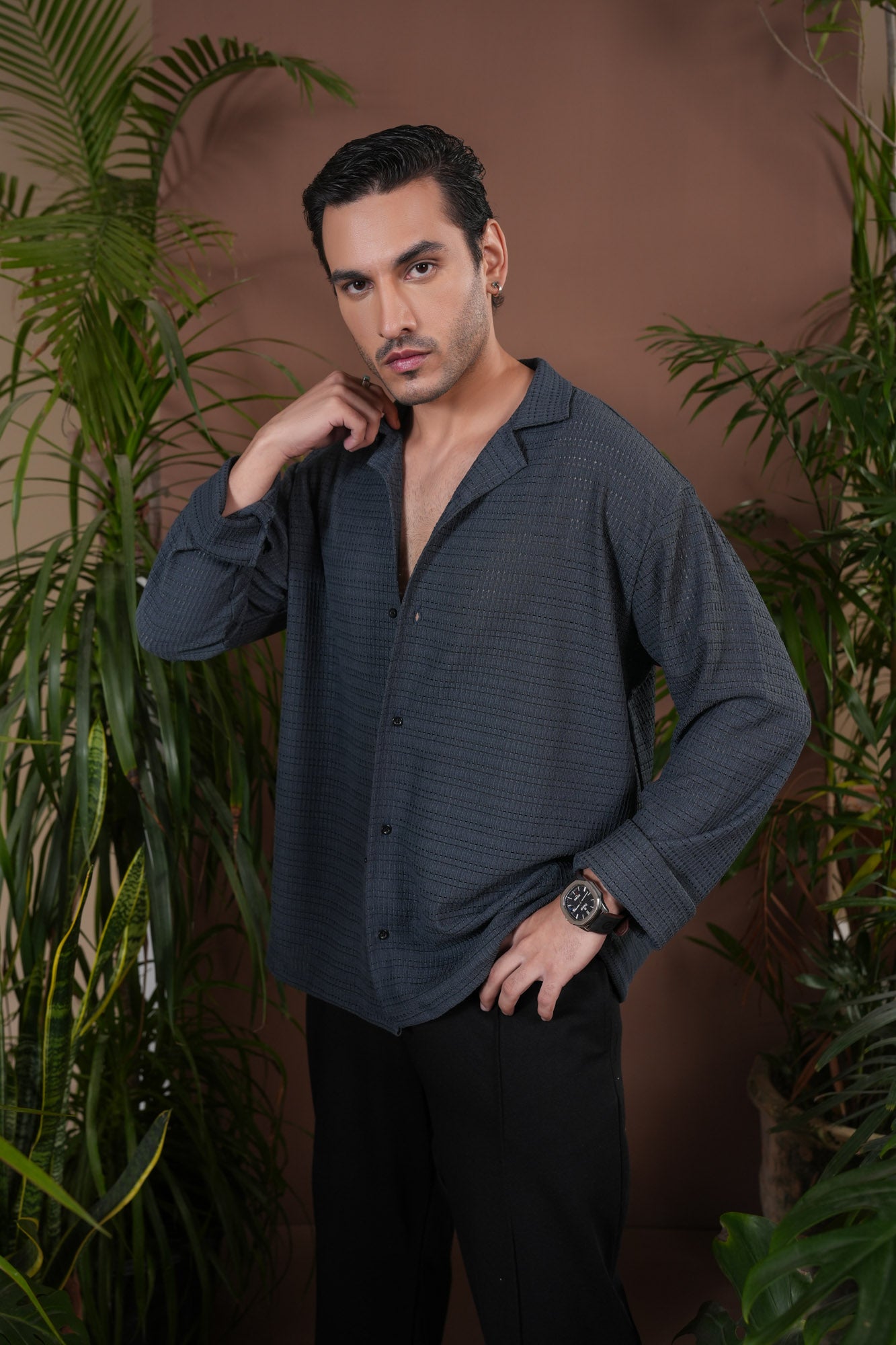 Bluish Grey Jacquard Knit Revere Button Shirt - Men