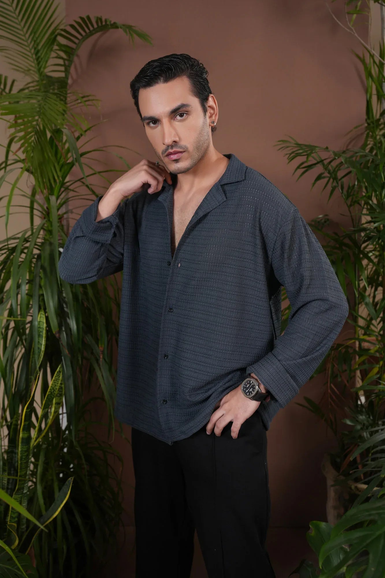 Bluish Grey Jacquard Knit Revere Button Shirt - Men - Muraqsh -- Men Western