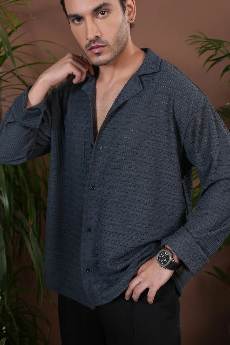 Bluish Grey Jacquard Knit Revere Button Shirt - Men - Muraqsh -- Men Western
