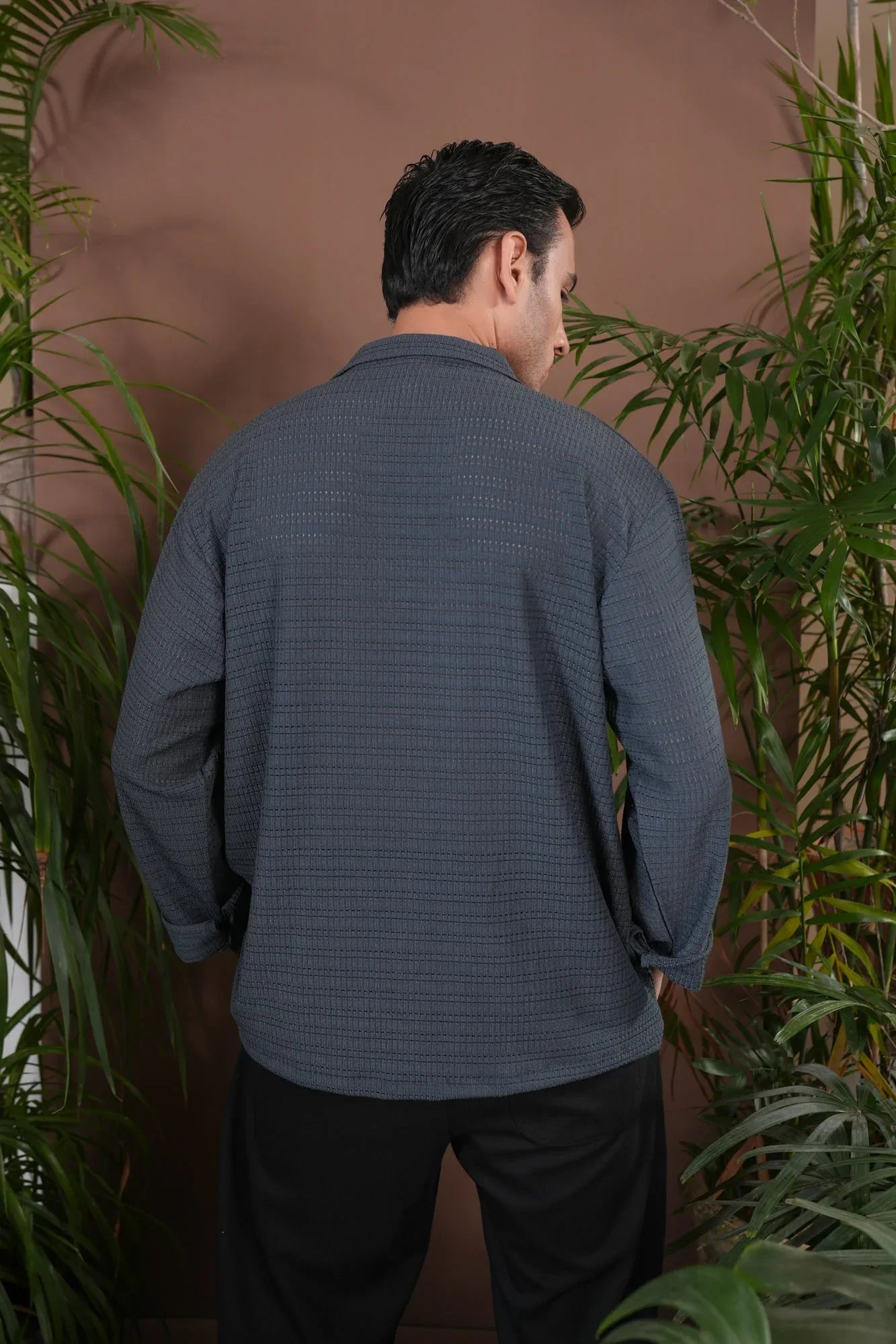 Bluish Grey Jacquard Knit Revere Button Shirt - Men - Muraqsh -- Men Western