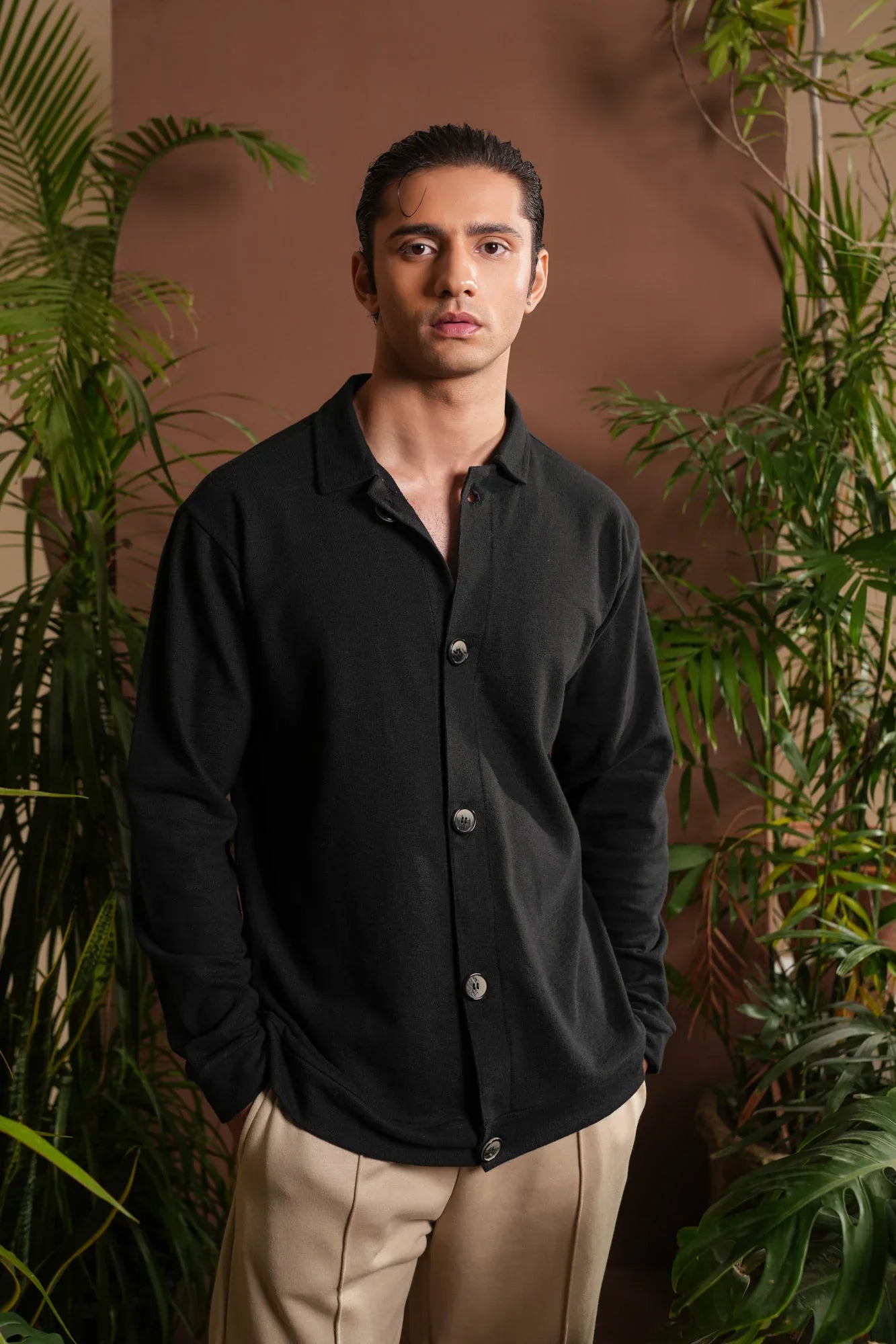 Black Polo Collar Cardigan - Men - Muraqsh -- Men Western