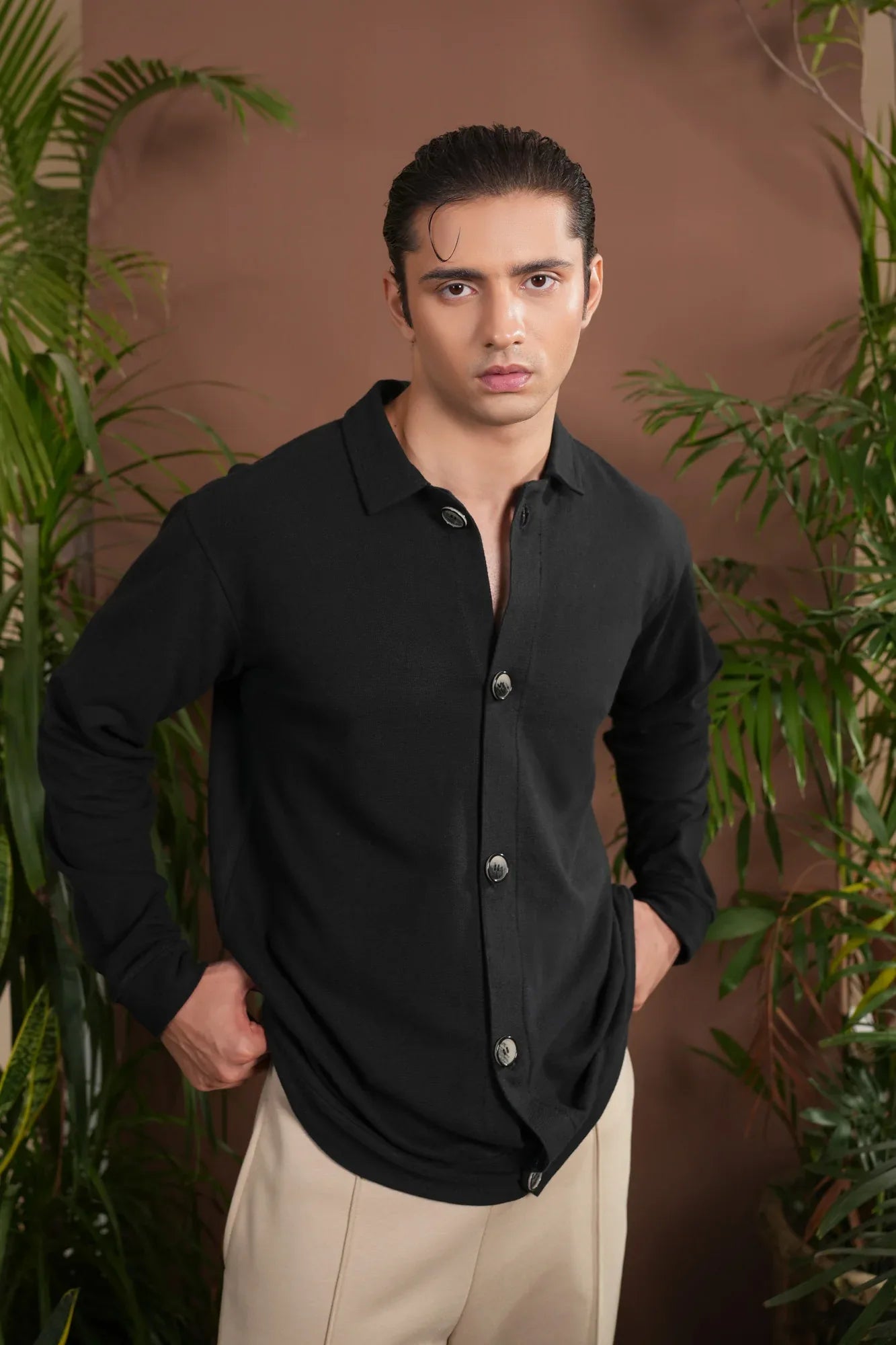 Black Polo Collar Cardigan - Men - Muraqsh -- Men Western