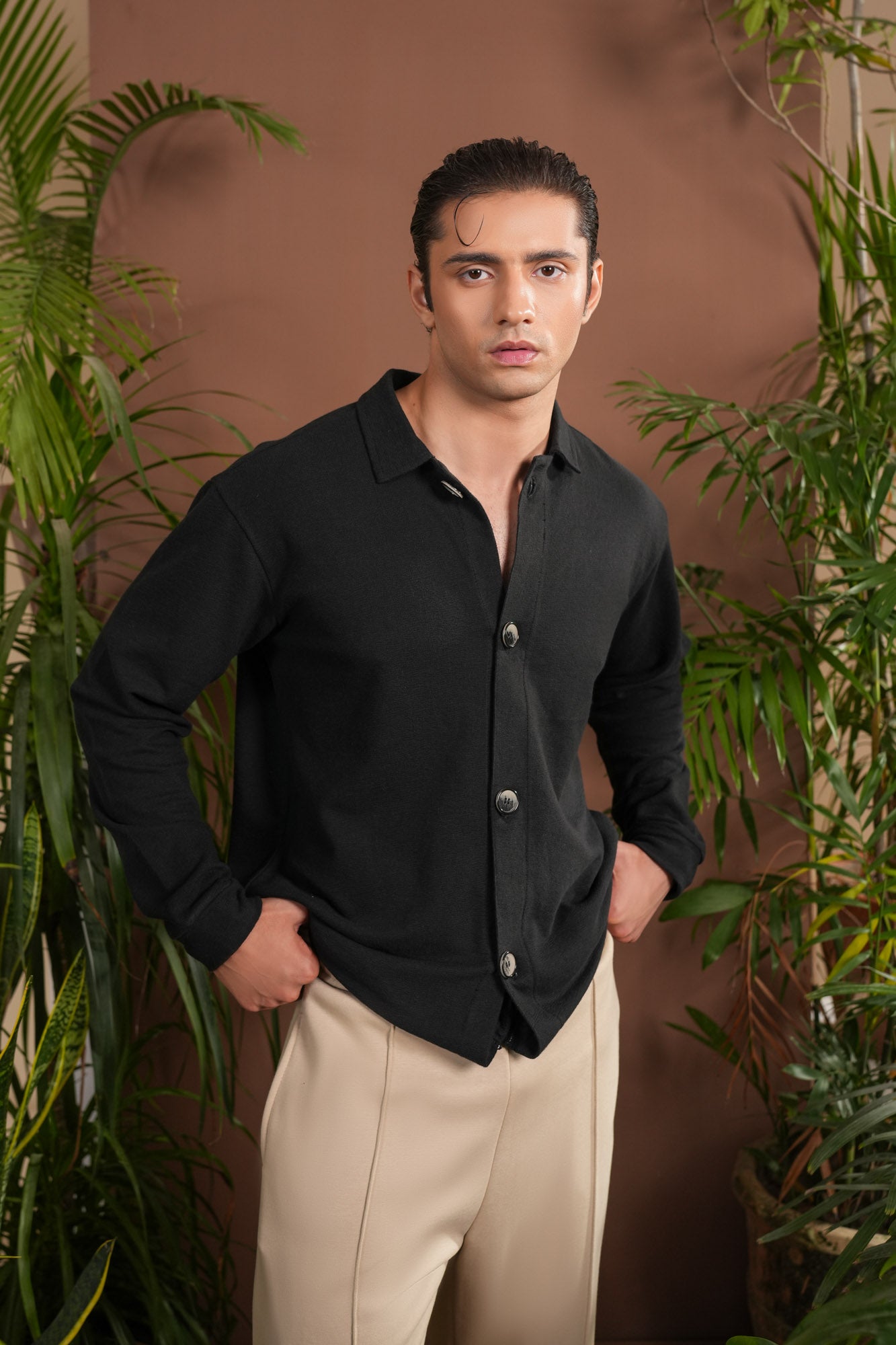 Black Polo Collar Cardigan - Men