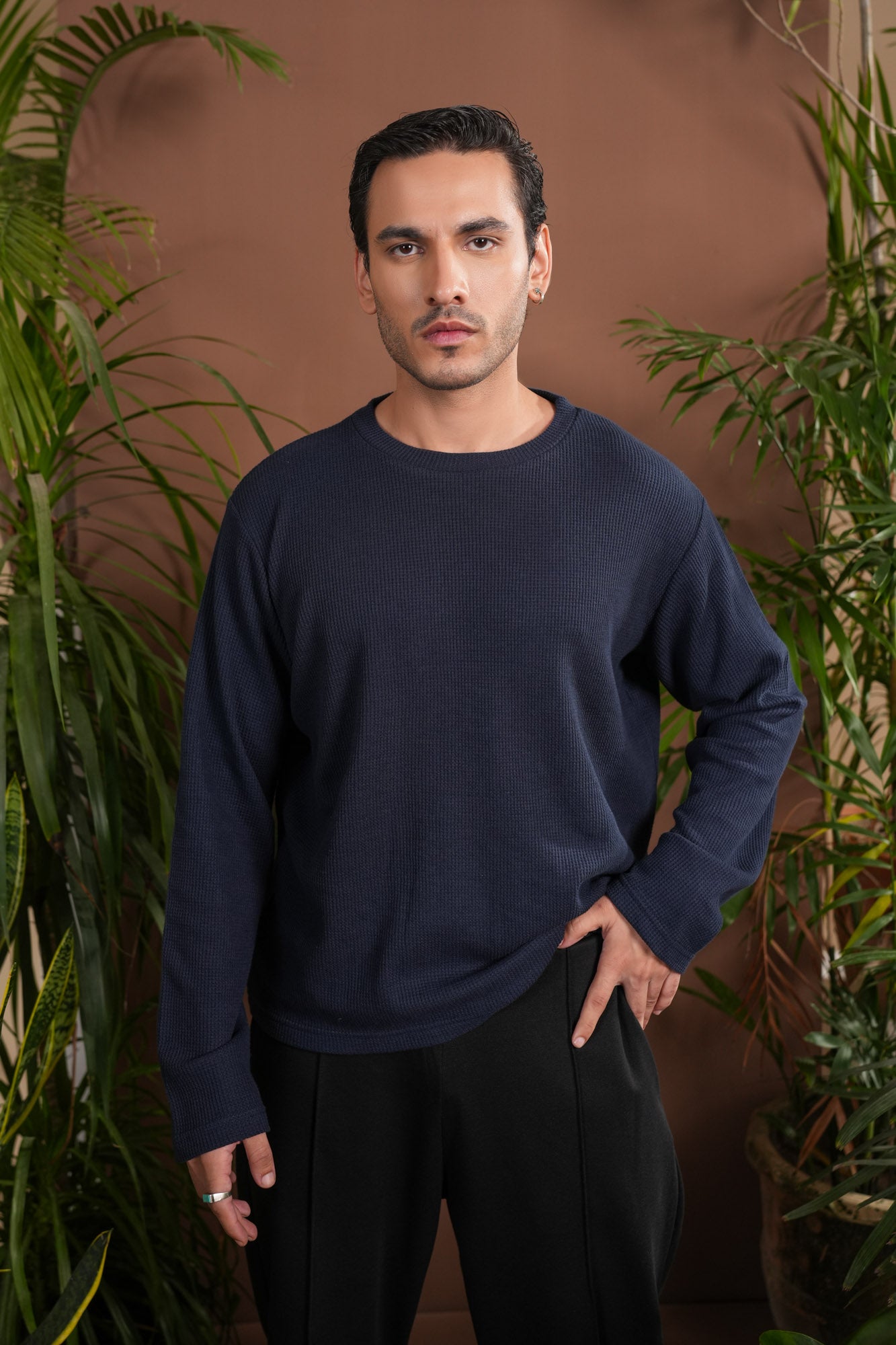 Navy Blue Waffle Knit Sweat Shirt - Relaxed Fit - Men
