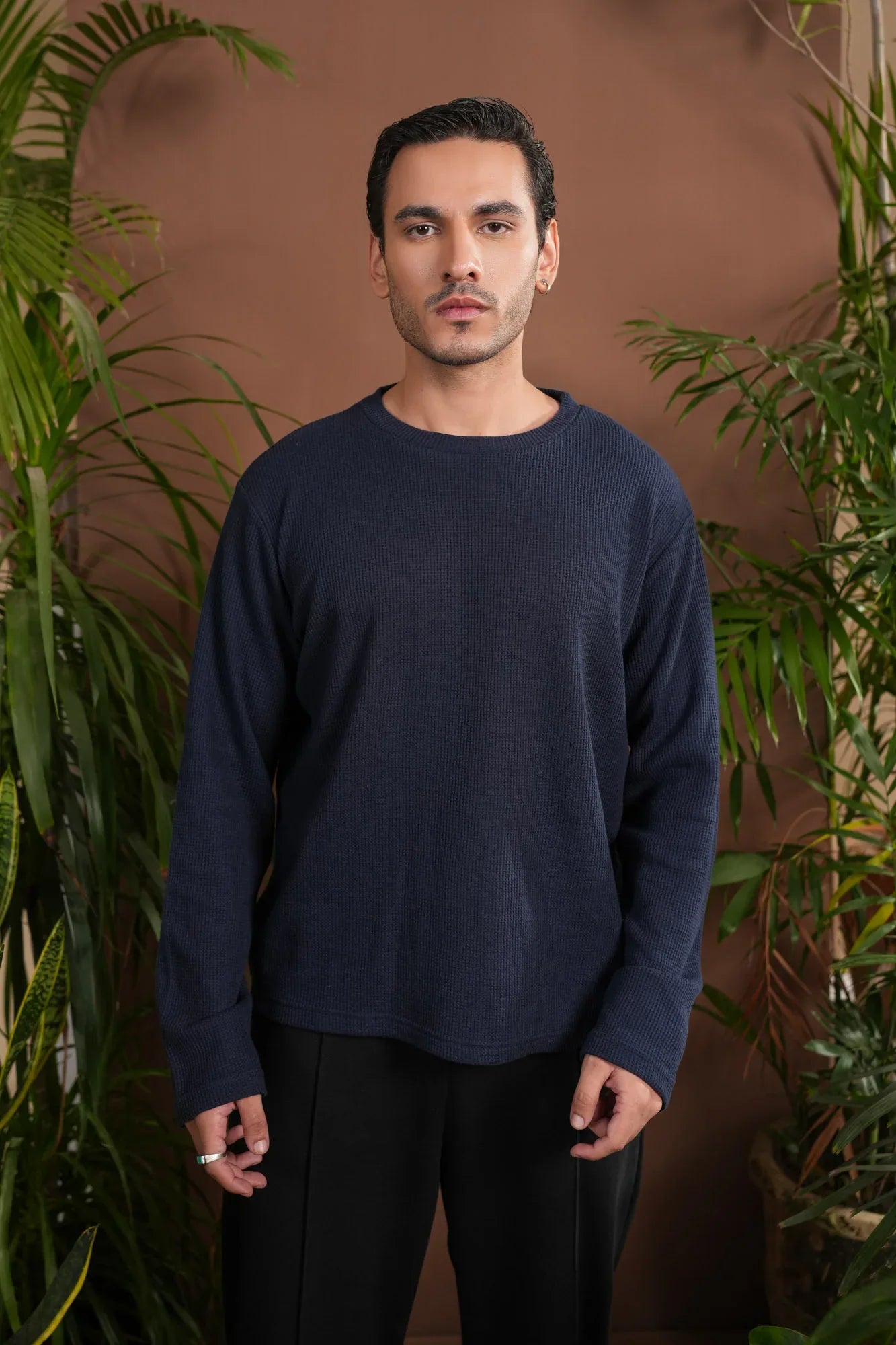 Navy Blue Waffle Knit Sweat Shirt - Relaxed Fit - Men - Muraqsh -- Men Western