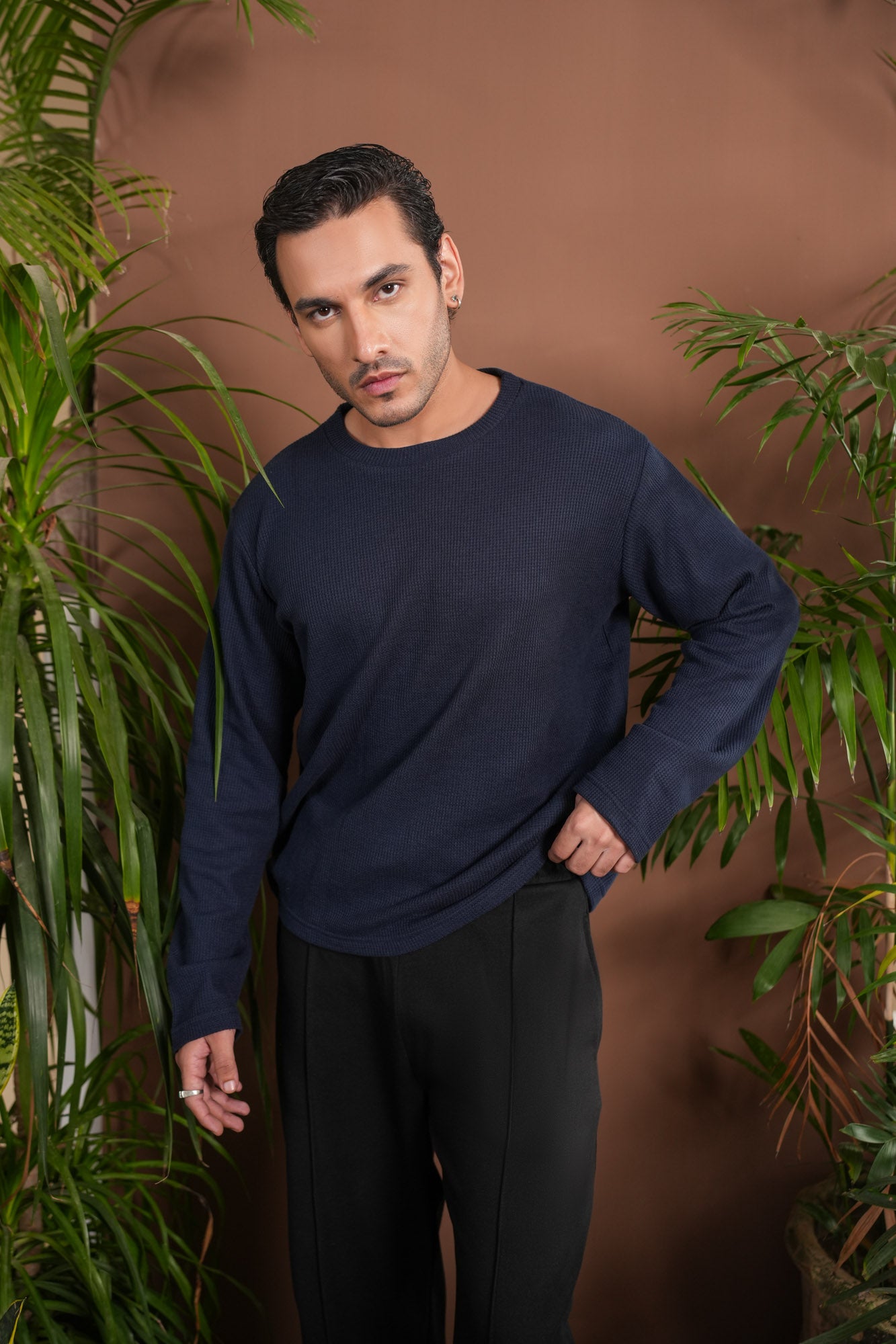 Navy Blue Waffle Knit Sweat Shirt - Relaxed Fit - Men