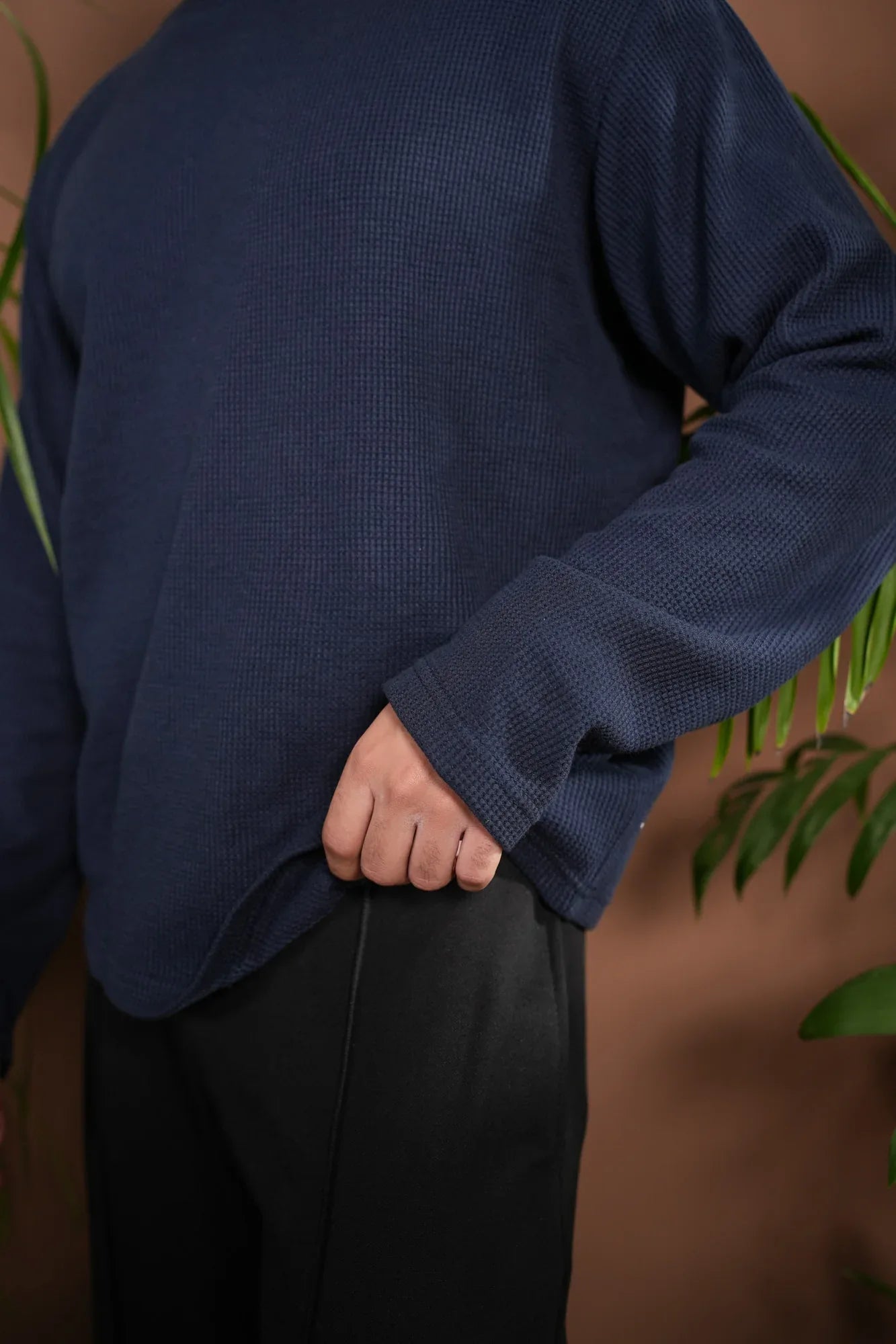 Navy Blue Waffle Knit Sweat Shirt - Relaxed Fit - Men - Muraqsh -- Men Western