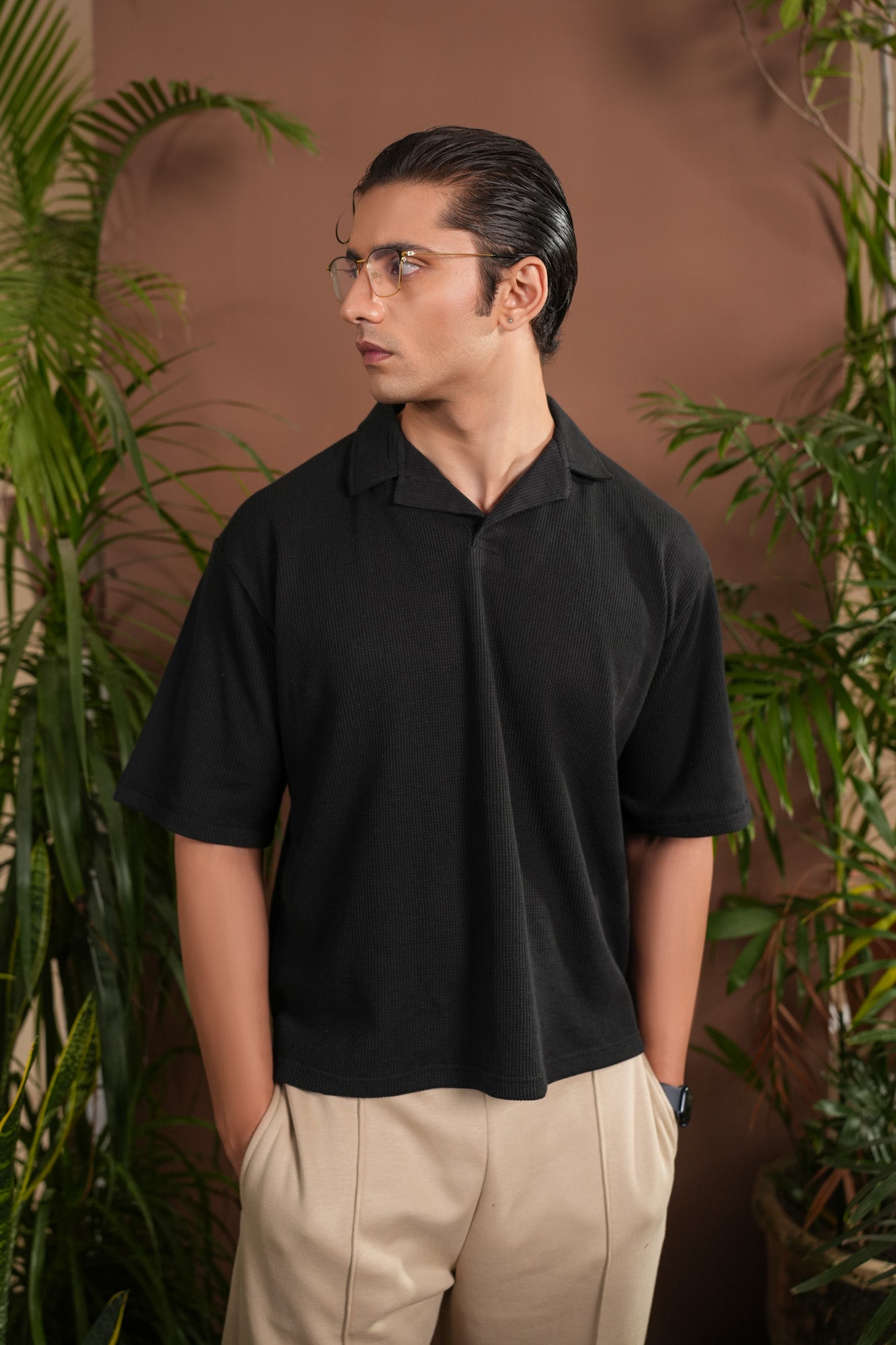 Black Boxy Waffle Revere Polo - Men