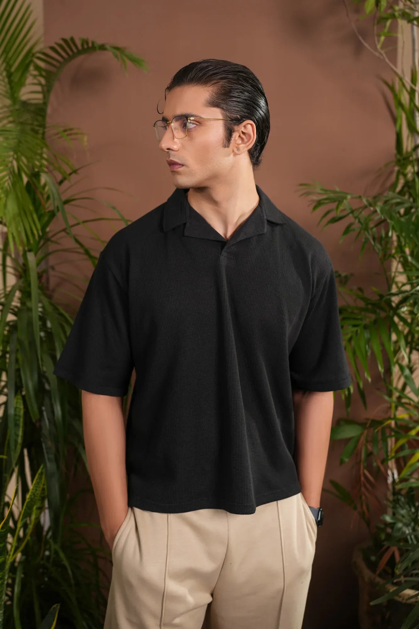 Black Boxy Waffle Revere Polo - Men - Muraqsh -- Men Western
