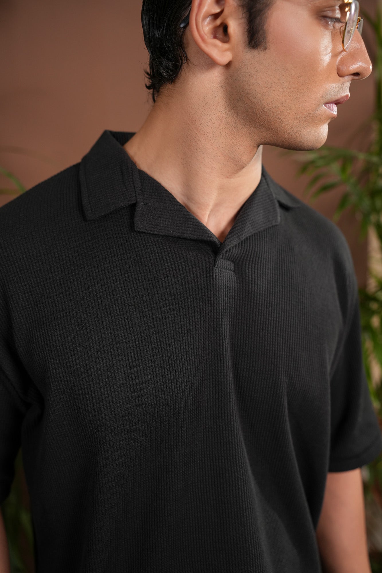 Black Boxy Waffle Revere Polo - Men