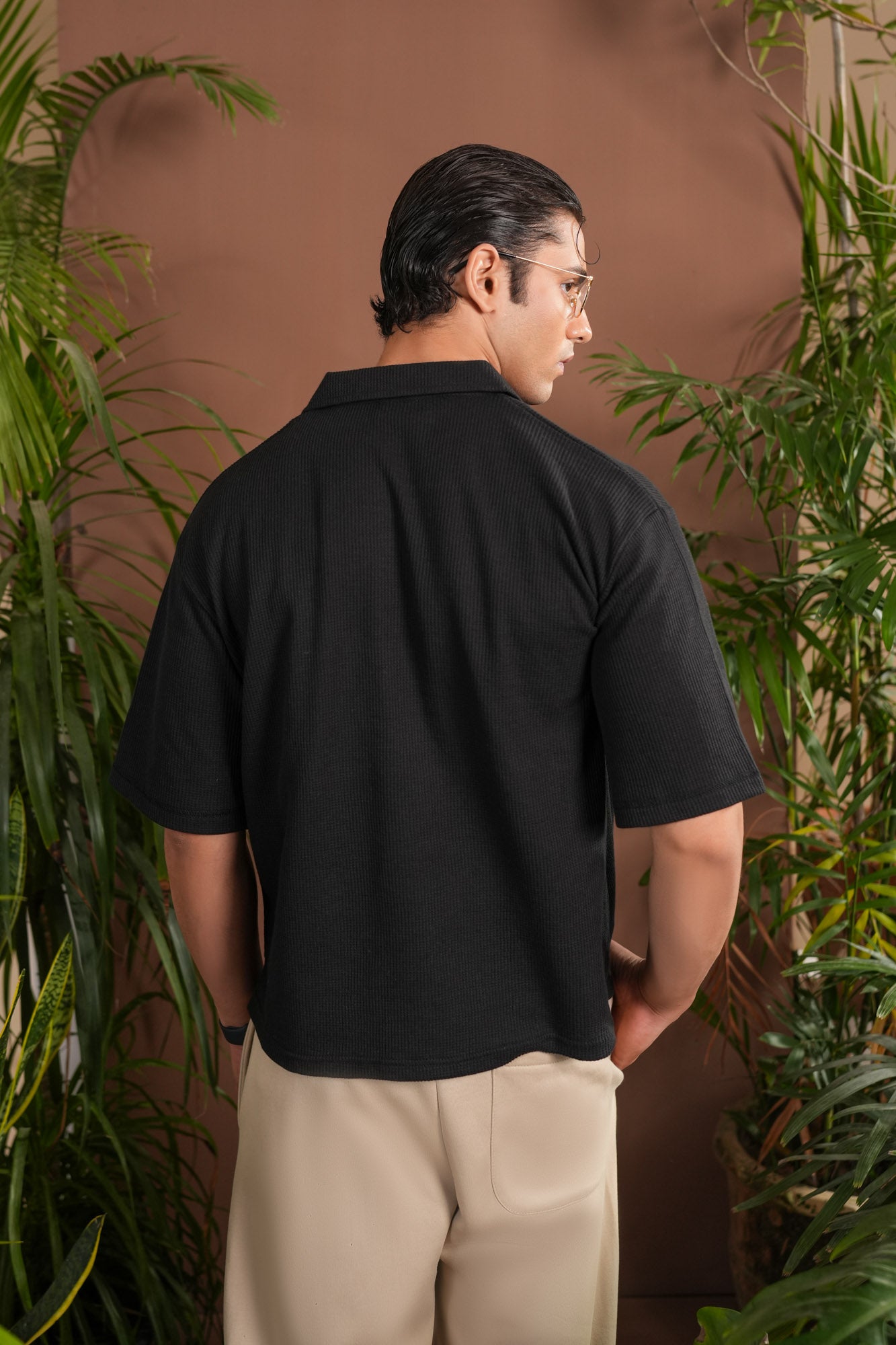 Black Boxy Waffle Revere Polo - Men