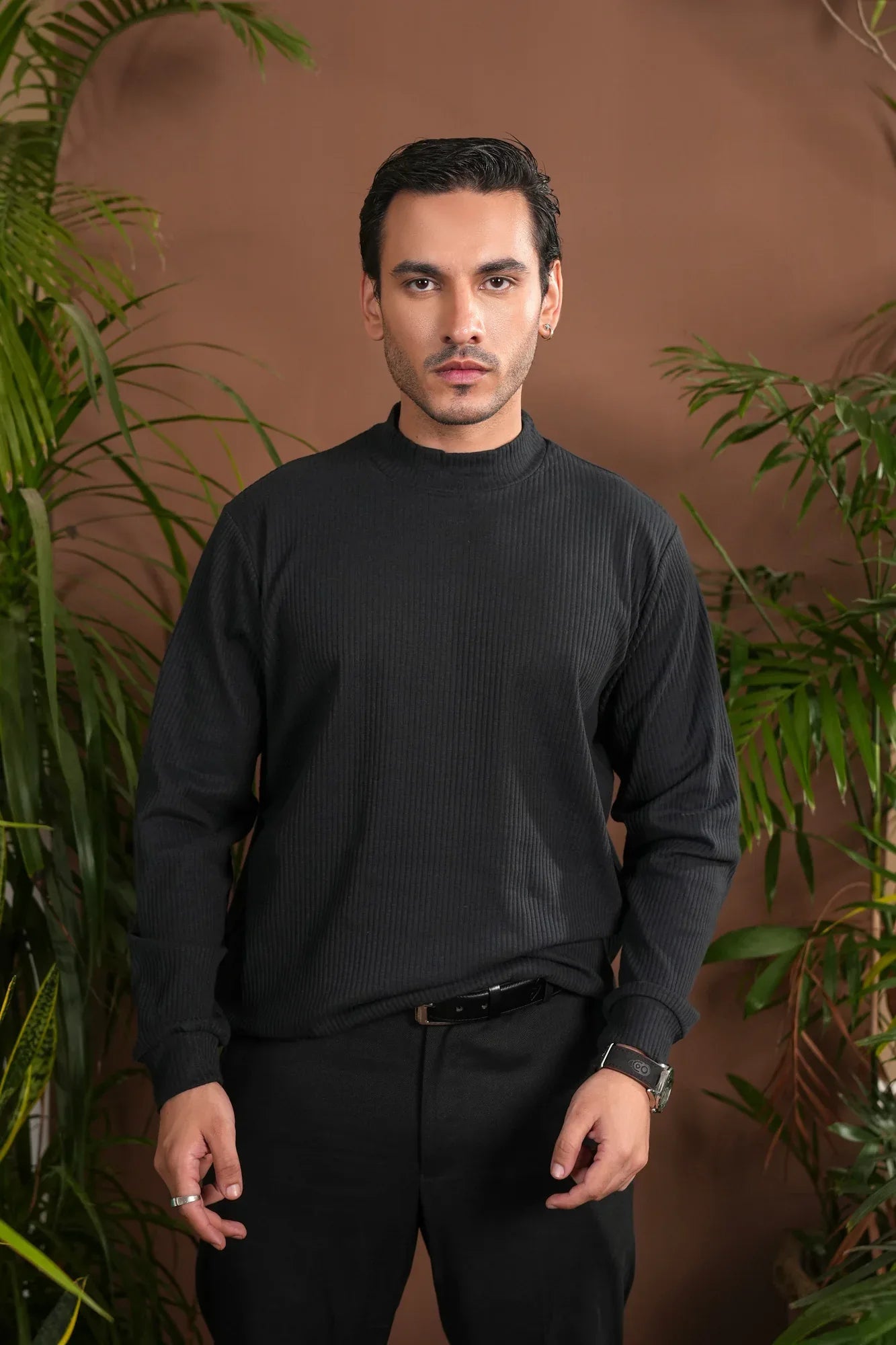 Ribbed Black Mock Neck - Relaxed Fit - Men - Muraqsh -- Men Western