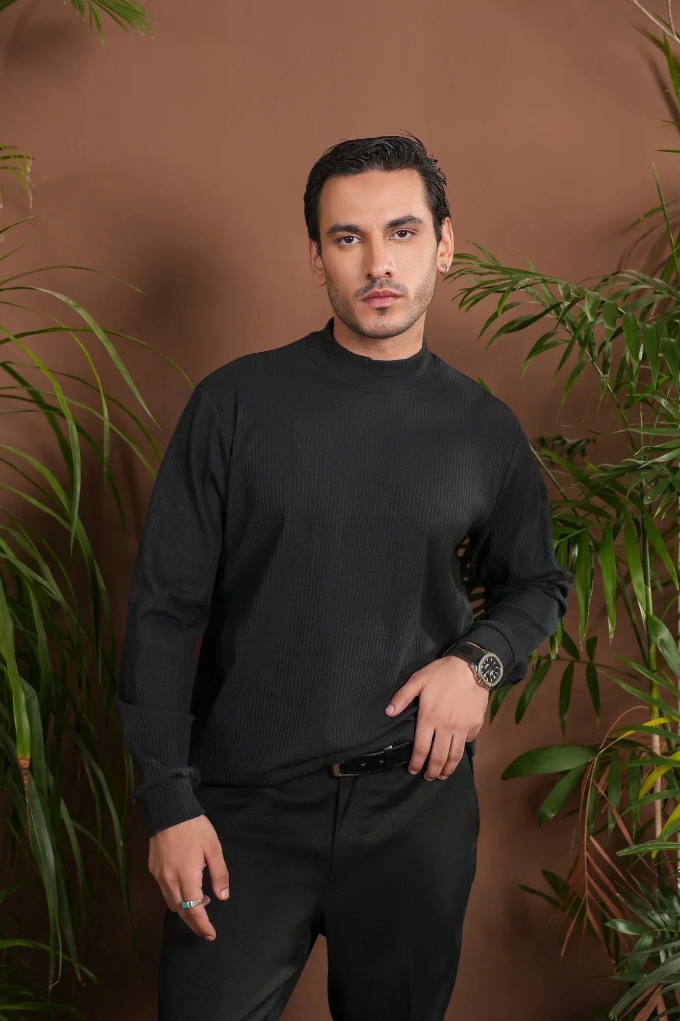 Ribbed Black Mock Neck - Relaxed Fit - Men - Muraqsh -- Men Western
