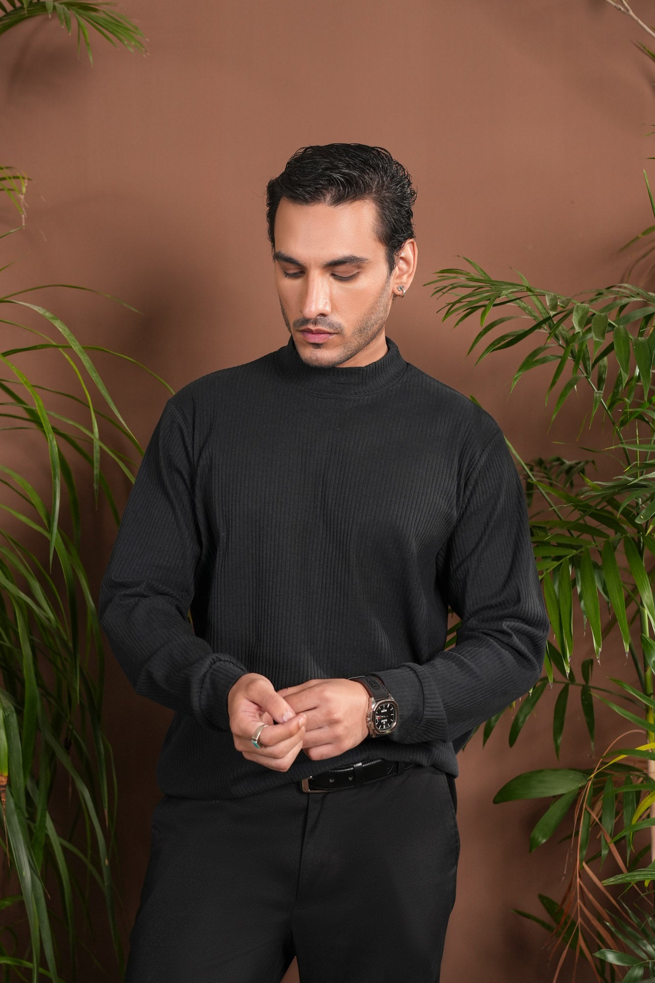 Ribbed Black Mock Neck - Relaxed Fit - Men