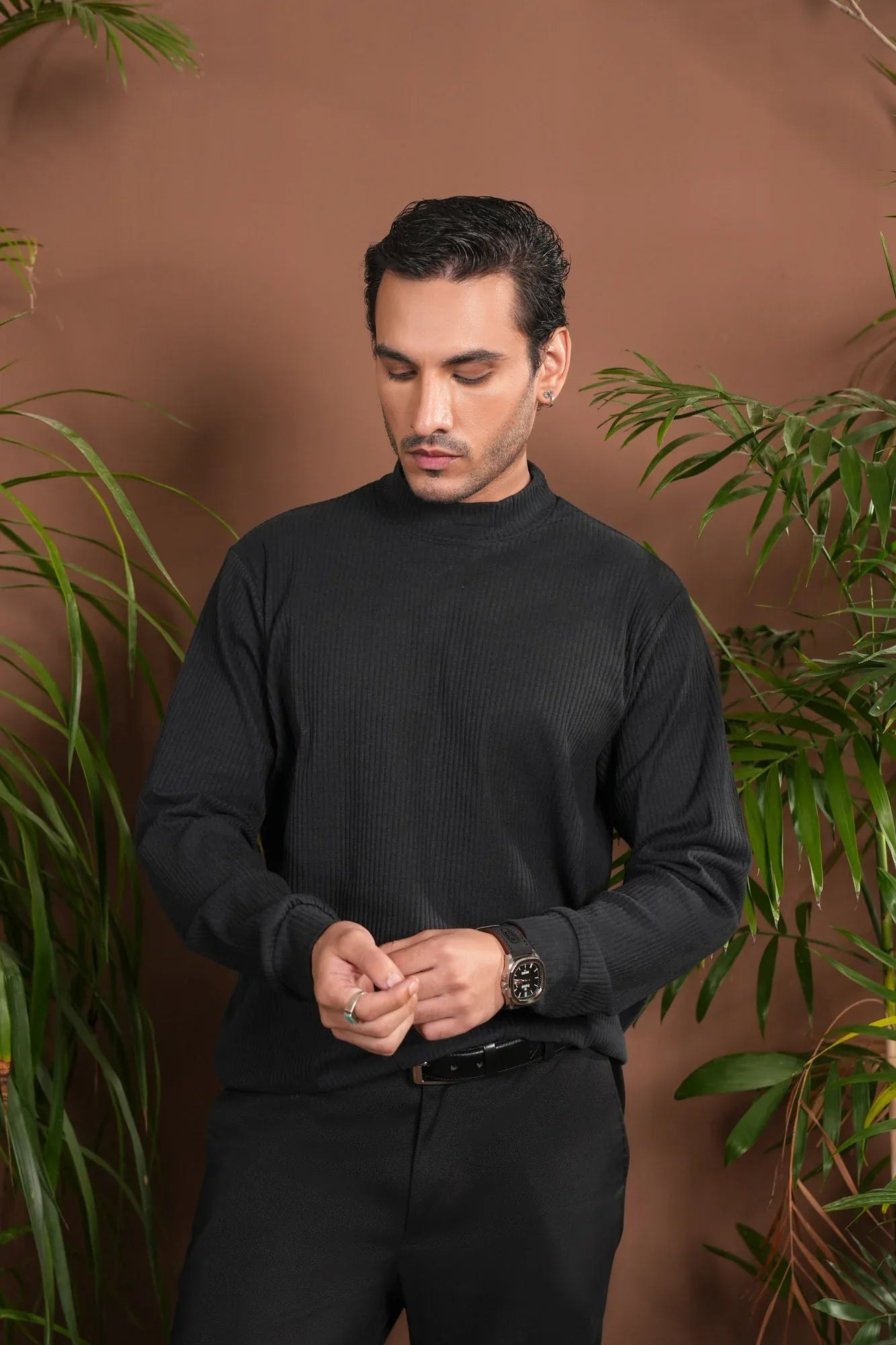 Ribbed Black Mock Neck - Relaxed Fit - Men - Muraqsh -- Men Western