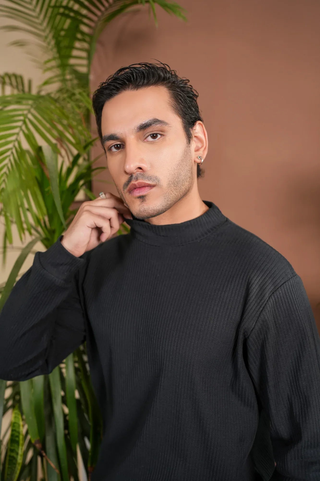 Ribbed Black Mock Neck - Relaxed Fit - Men - Muraqsh -- Men Western