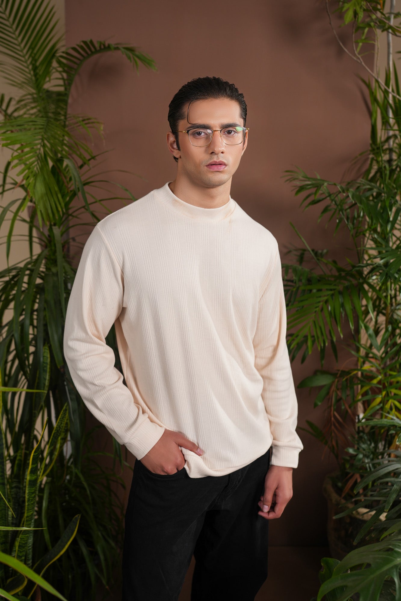 Ribbed White Mock Neck - Relaxed Fit - Men
