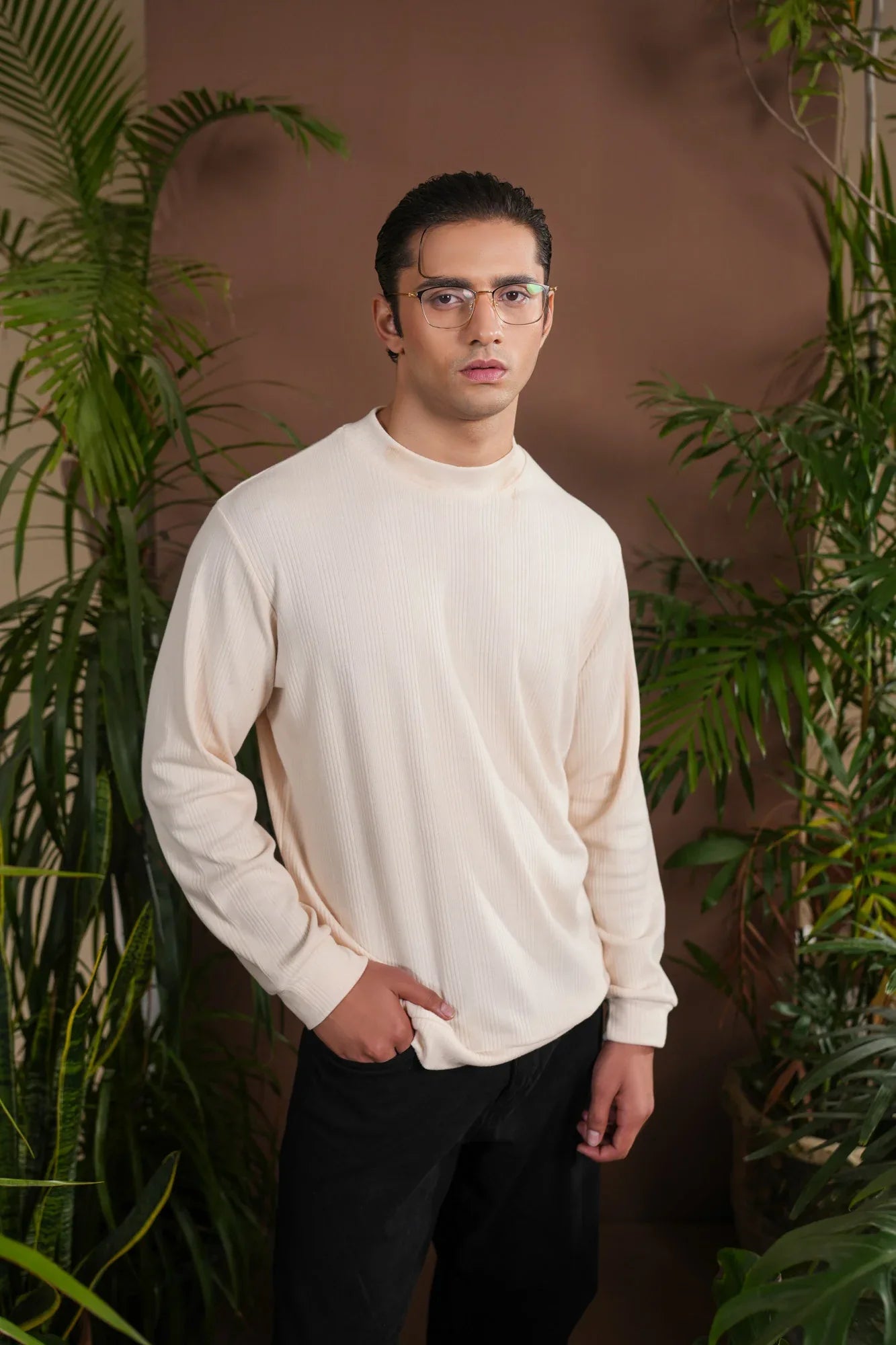 Ribbed White Mock Neck - Relaxed Fit - Men - Muraqsh -- Men Western
