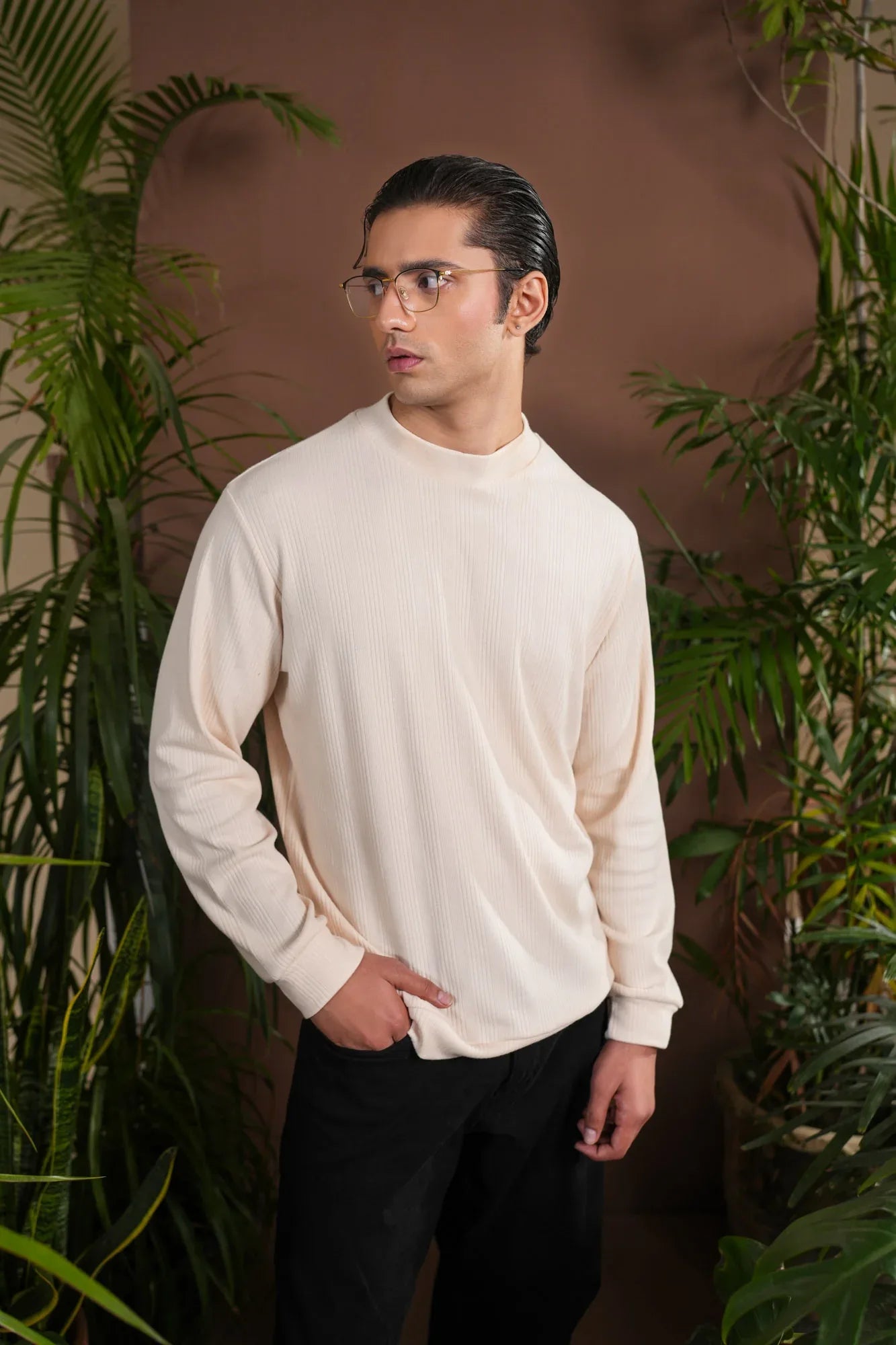 Ribbed White Mock Neck - Relaxed Fit - Men - Muraqsh -- Men Western