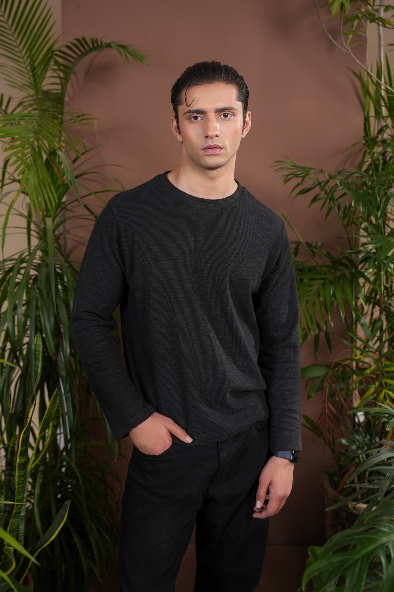 Black Waffle Knit Sweat Shirt - Relaxed Fit - Men