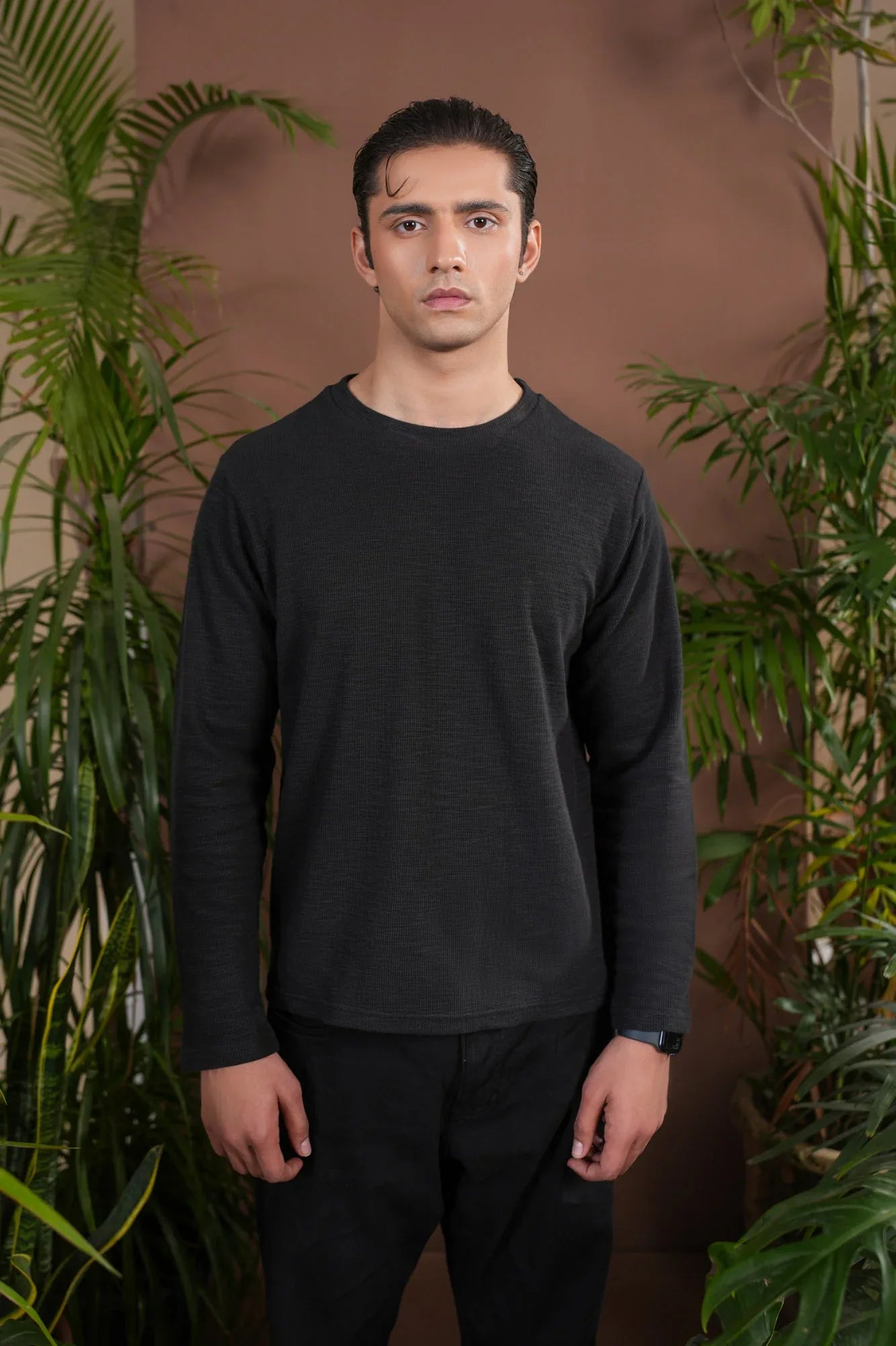 Black Waffle Knit Sweat Shirt - Relaxed Fit - Men - Muraqsh -- Men Western