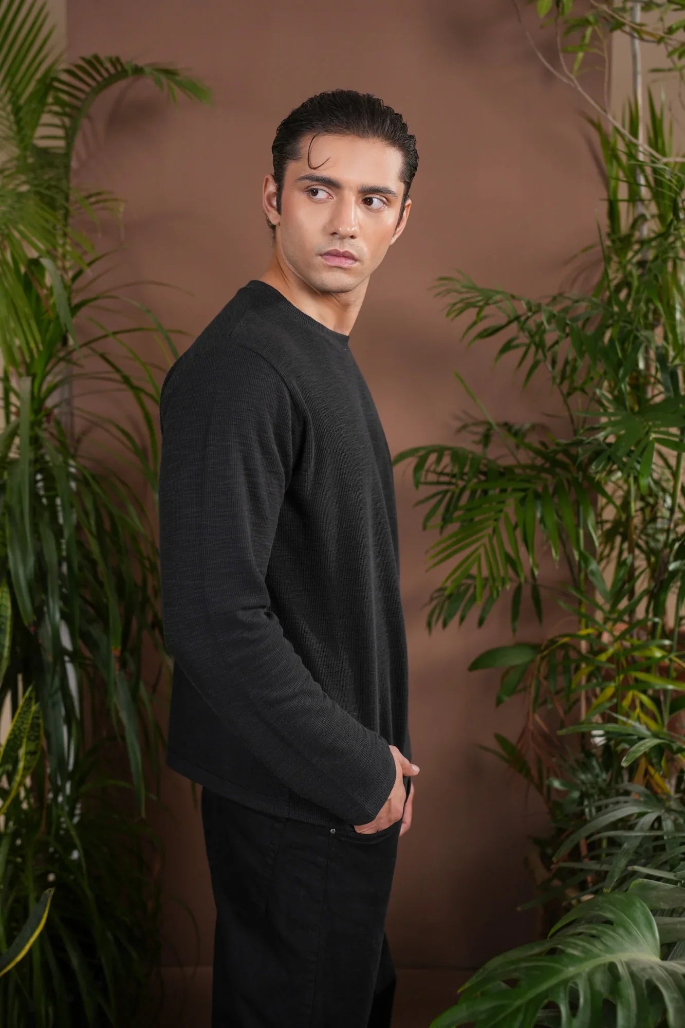 Black Waffle Knit Sweat Shirt - Relaxed Fit - Men - Muraqsh -- Men Western