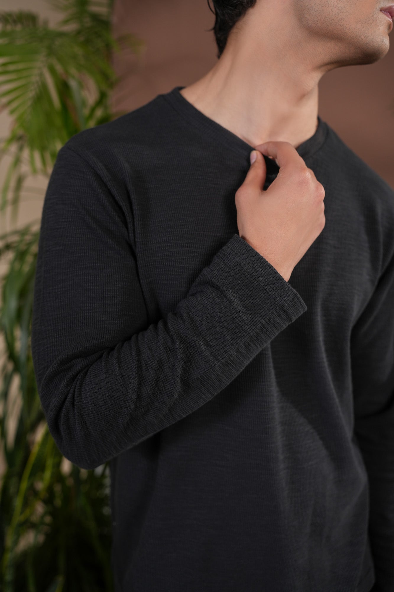 Black Waffle Knit Sweat Shirt - Relaxed Fit - Men