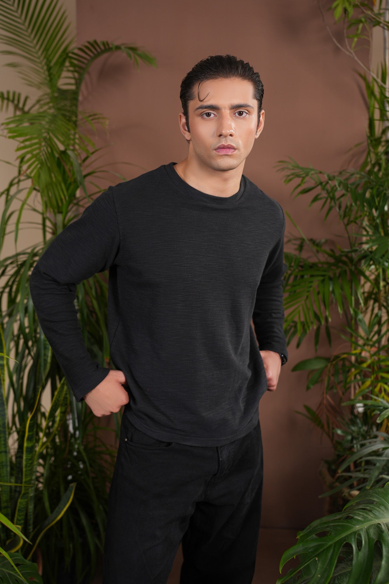 Black Waffle Knit Sweat Shirt - Relaxed Fit - Men