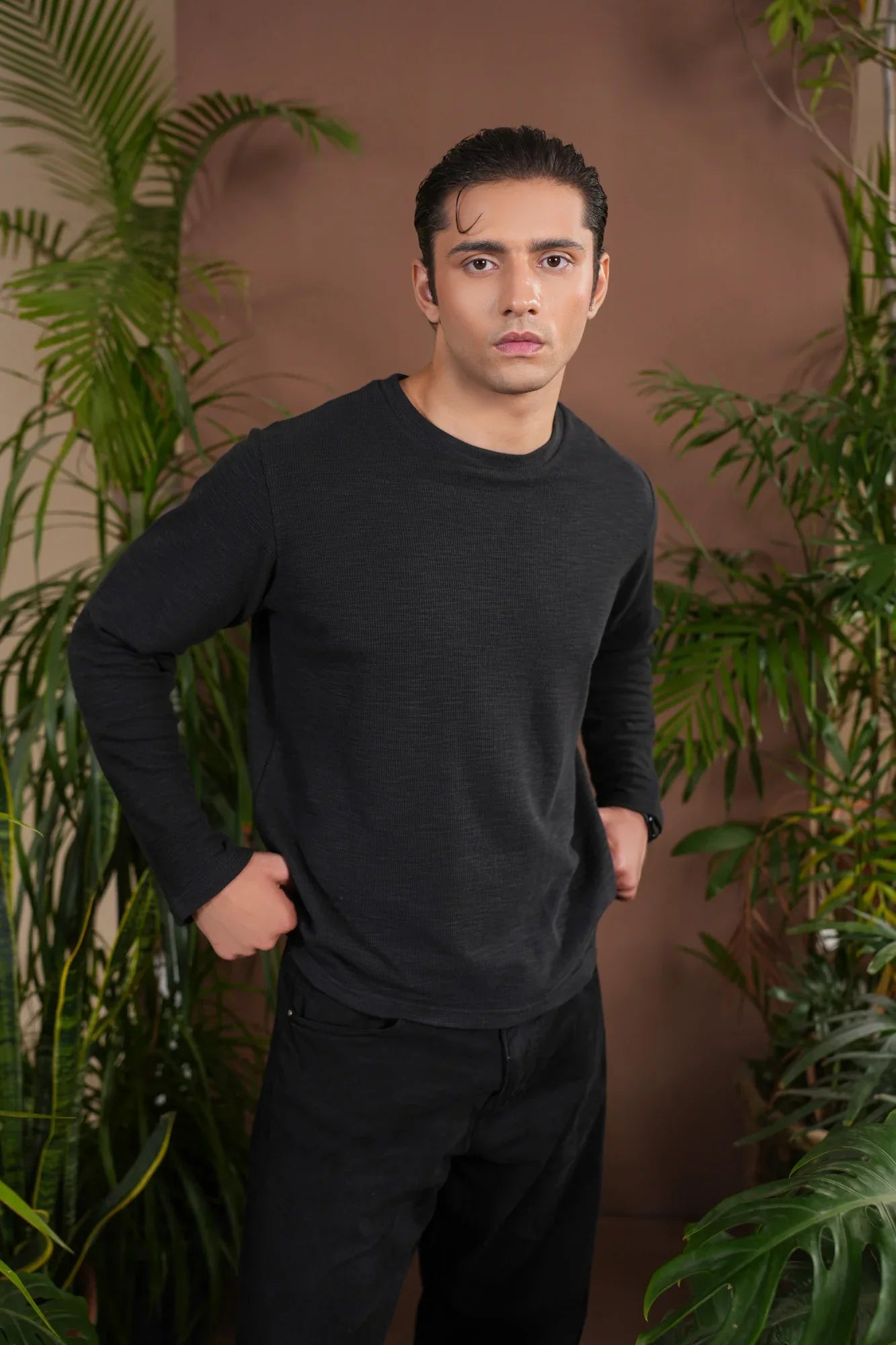 Black Waffle Knit Sweat Shirt - Relaxed Fit - Men - Muraqsh -- Men Western