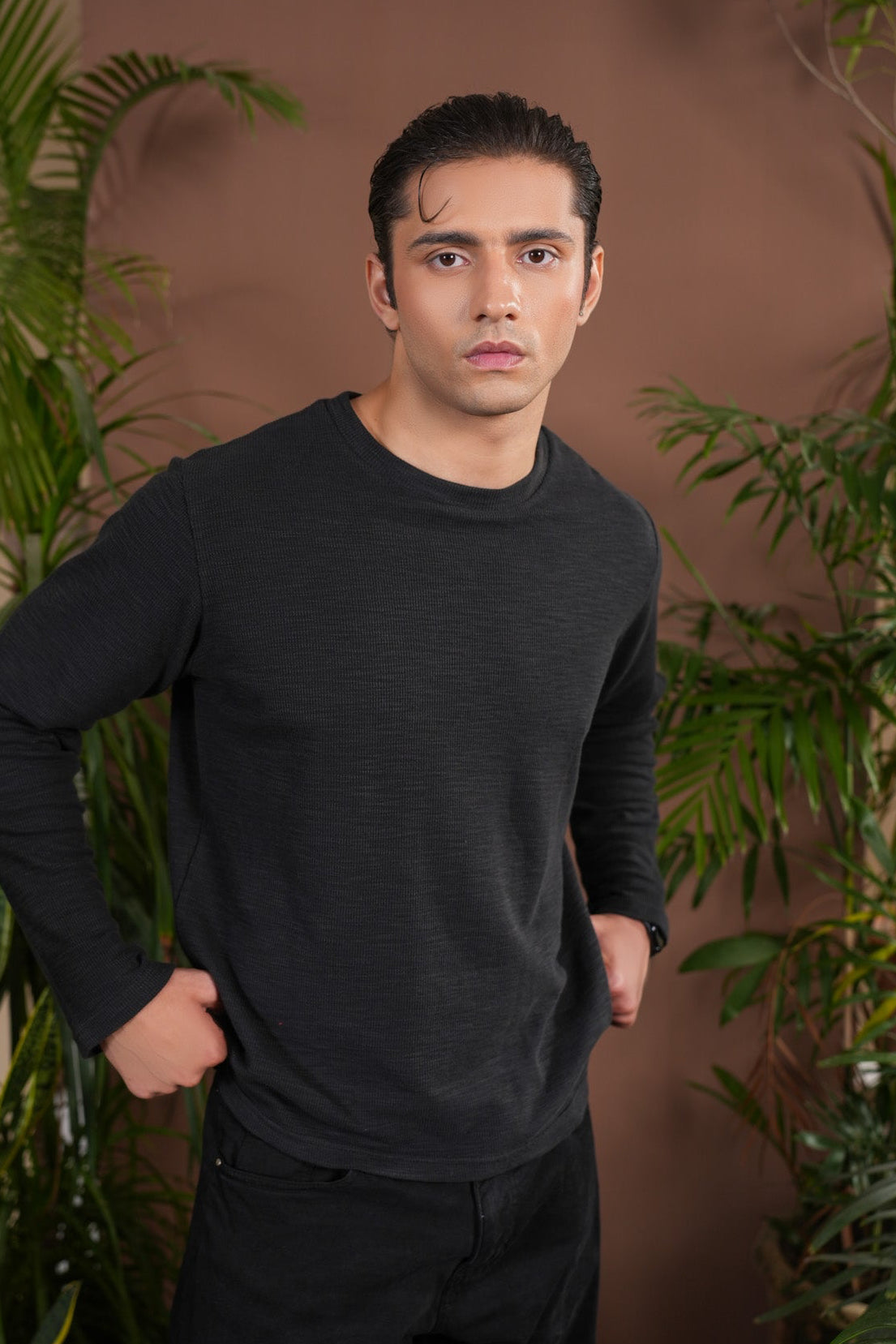 Black Waffle Knit Sweat Shirt - Relaxed Fit - Men - Muraqsh -- Men Western