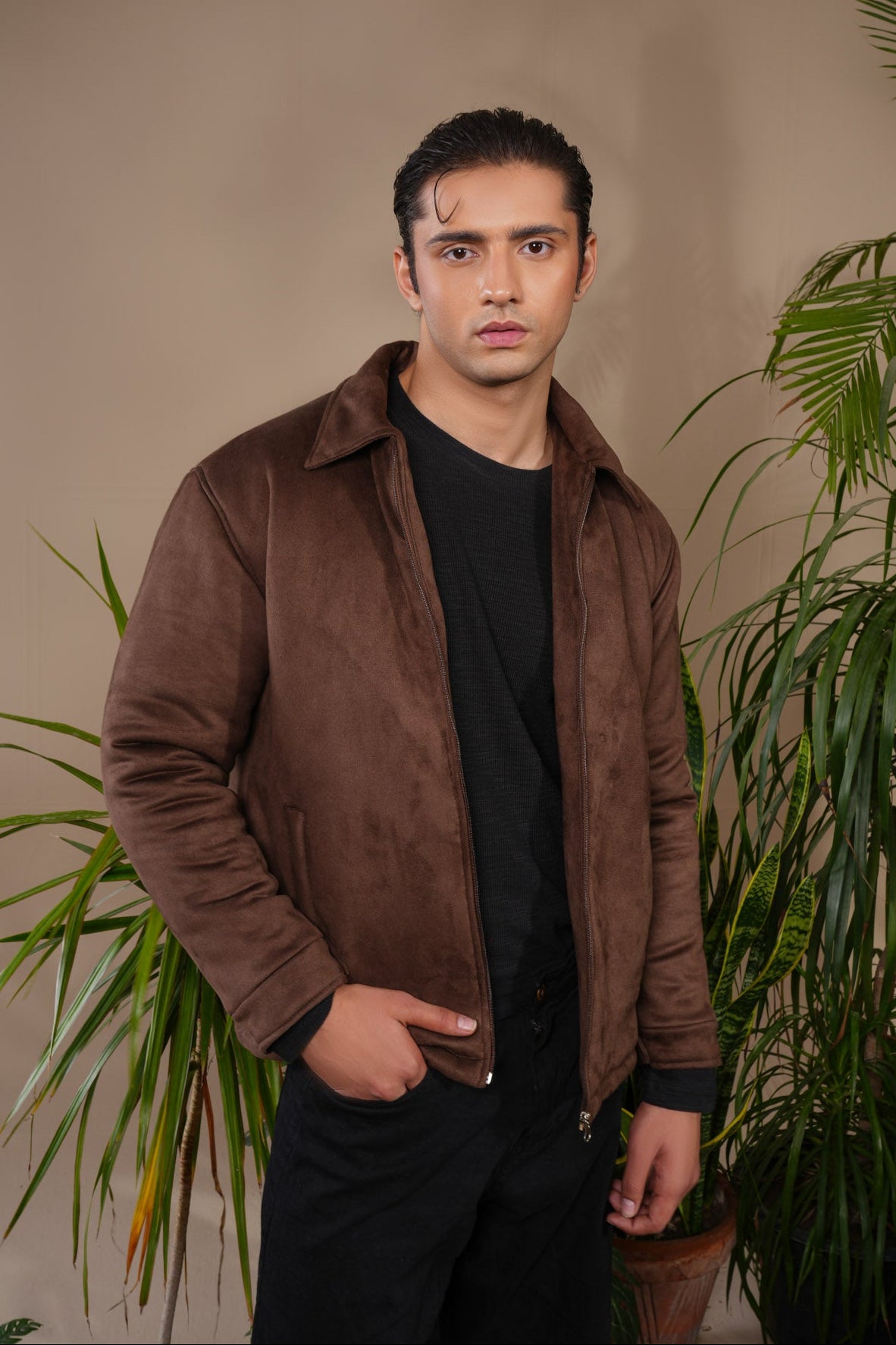 Dark Brown Premium Suede Bomber Jacket - Men