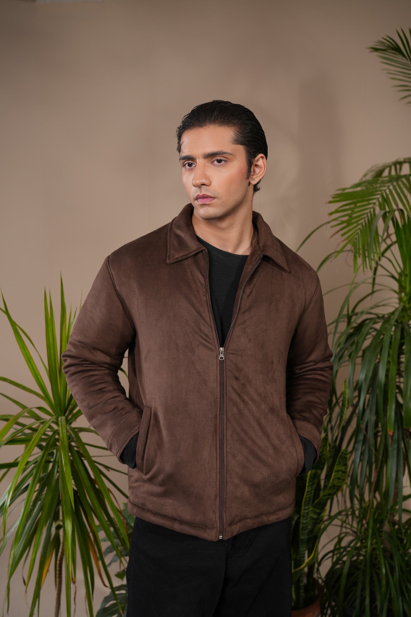Dark Brown Premium Suede Bomber Jacket - Men