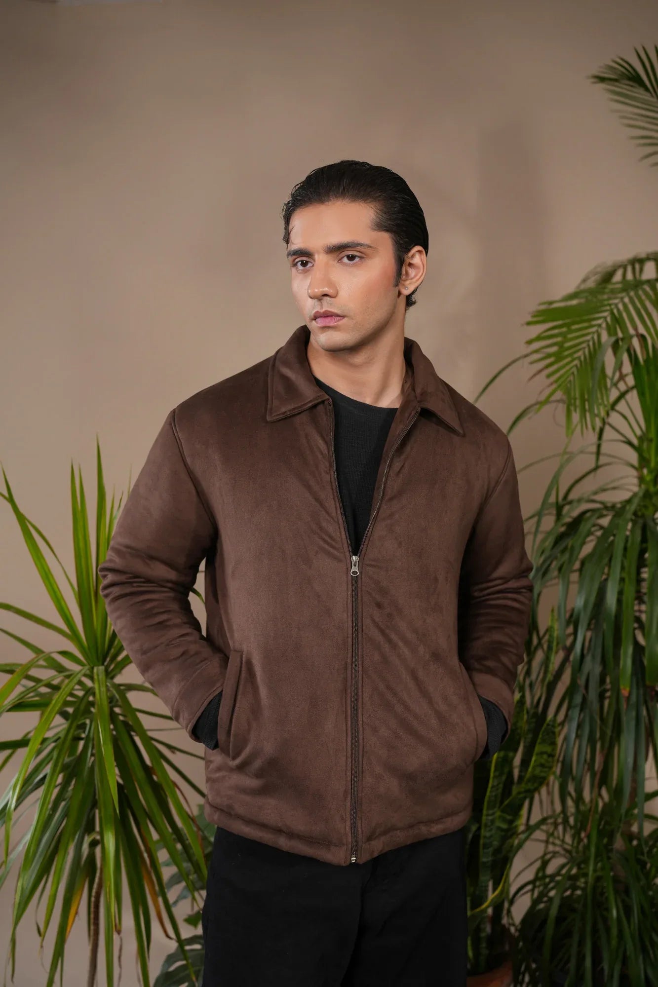 Dark Brown Premium Suede Bomber Jacket - Men - Muraqsh -- Men Western