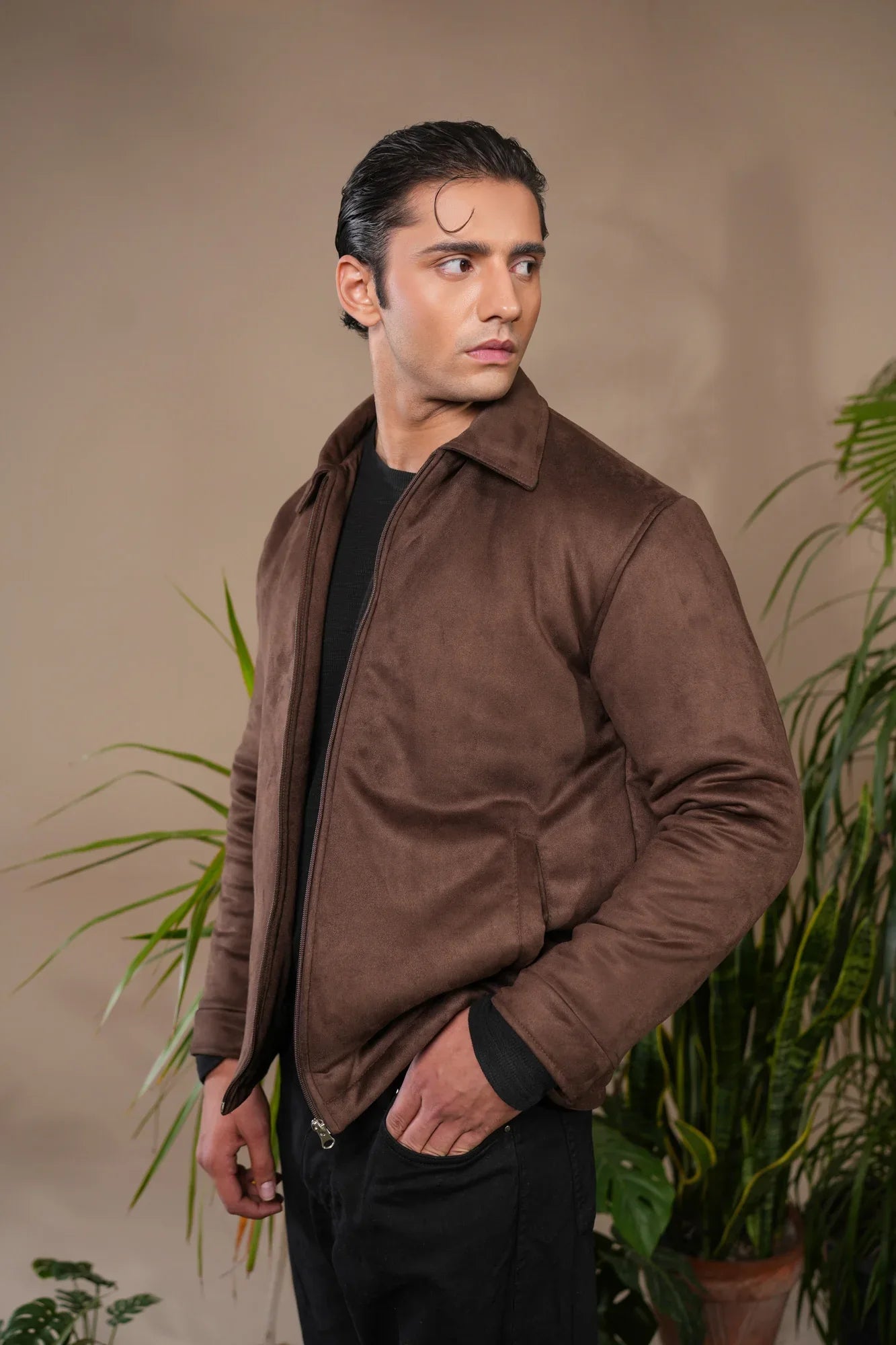 Dark Brown Premium Suede Bomber Jacket - Men - Muraqsh -- Men Western