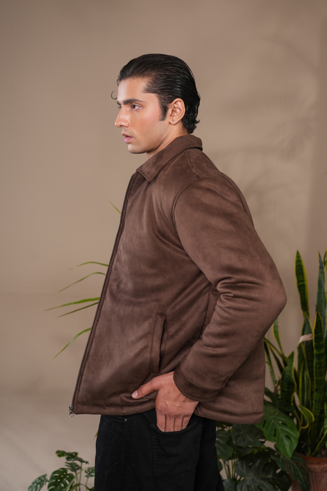 Dark Brown Premium Suede Bomber Jacket - Men