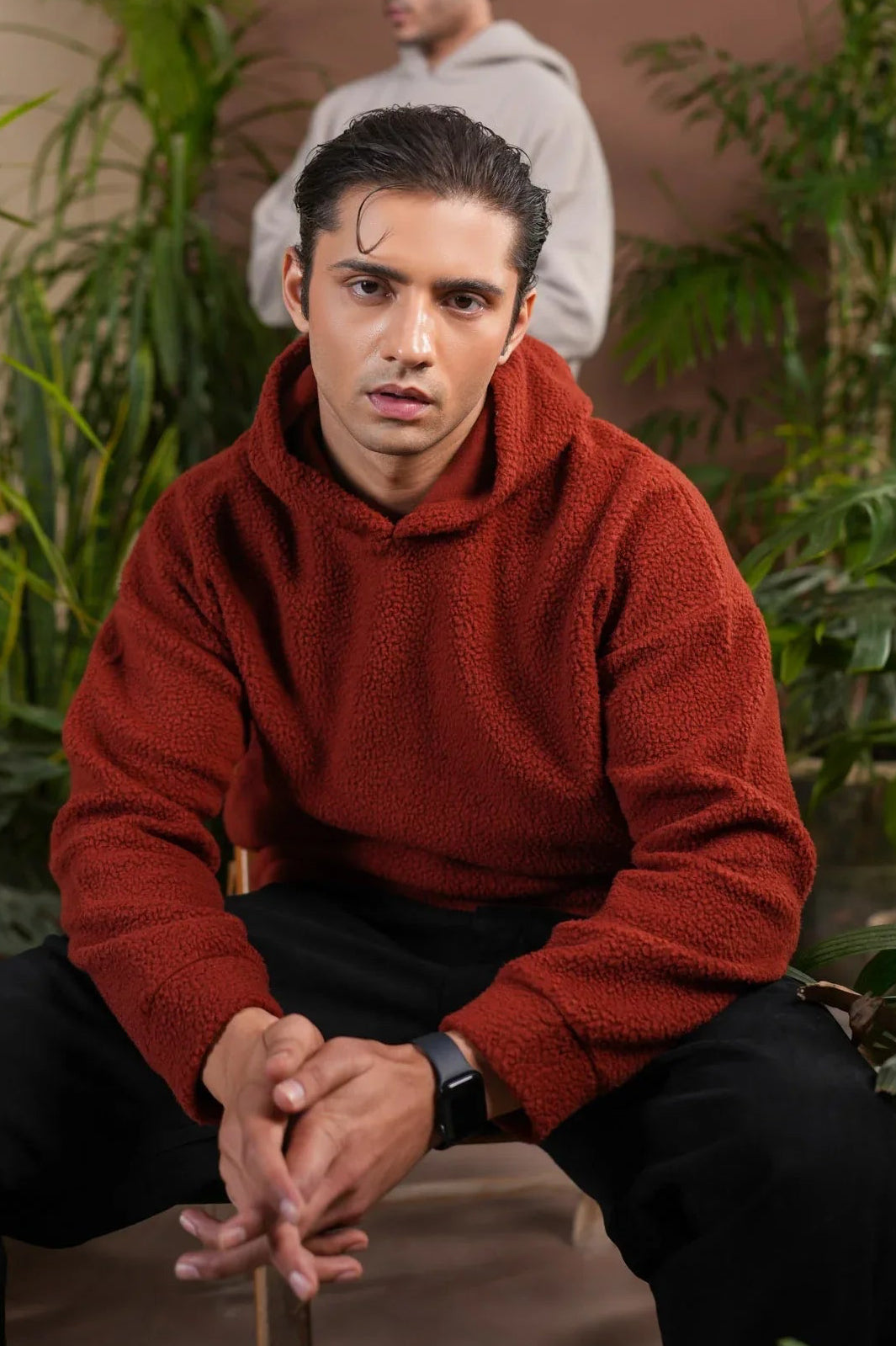 Rust Sherpa Hoodie - Relaxed Fit - Men - Muraqsh -- Men Western