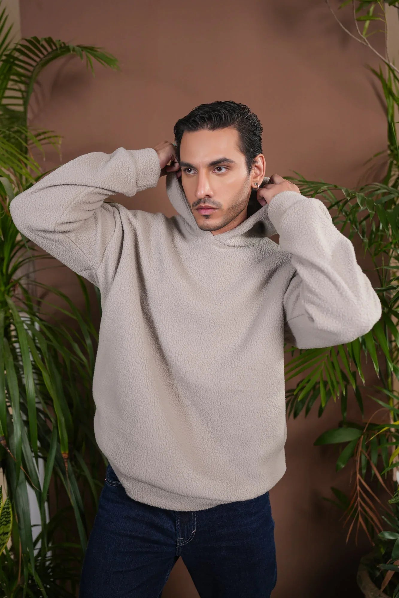 Beige Sherpa Hoodie - Relaxed Fit - Men - Muraqsh -- Men Western