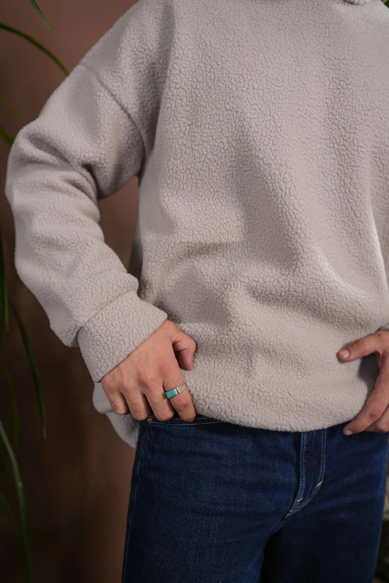 Beige Sherpa Hoodie - Relaxed Fit - Men - Muraqsh -- Men Western