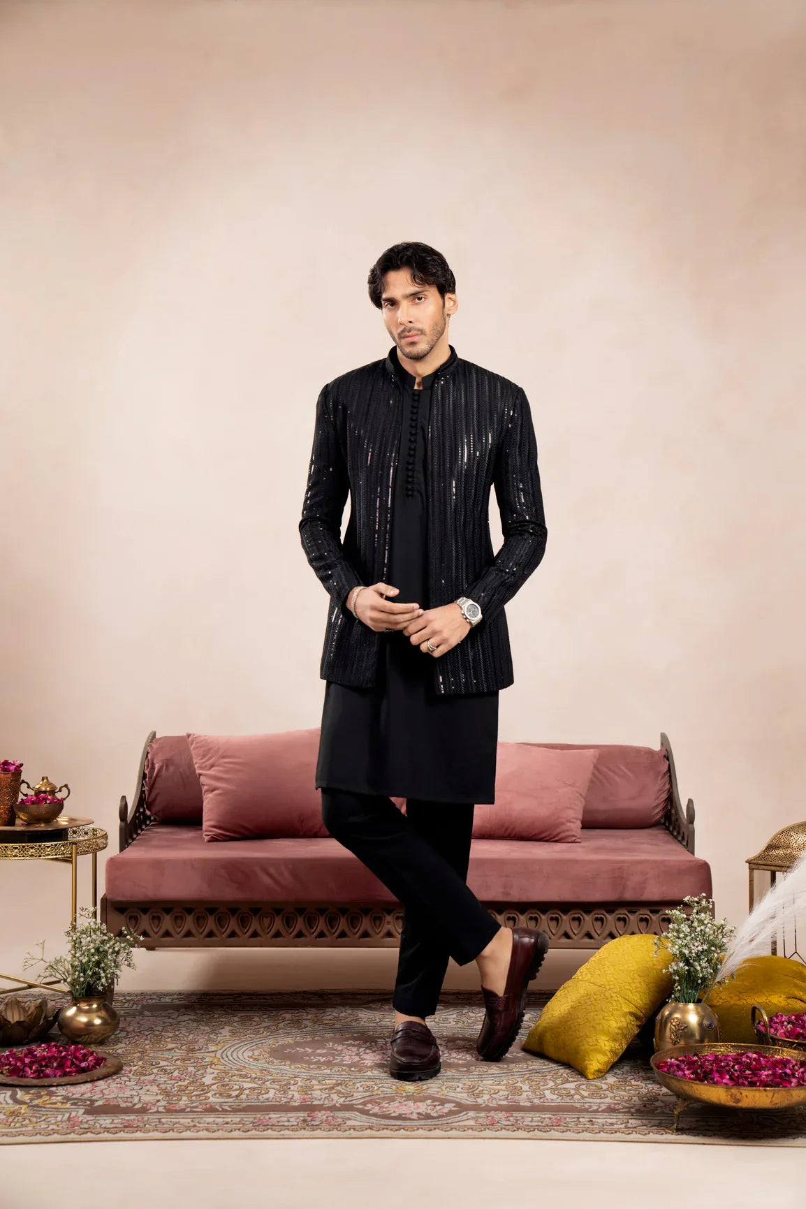 Black Loop Kurta Trouser with Falling Arrow Sequin Embroidered Open Prince Coat - 3PC - Men - Muraqsh -- Wedding Wear